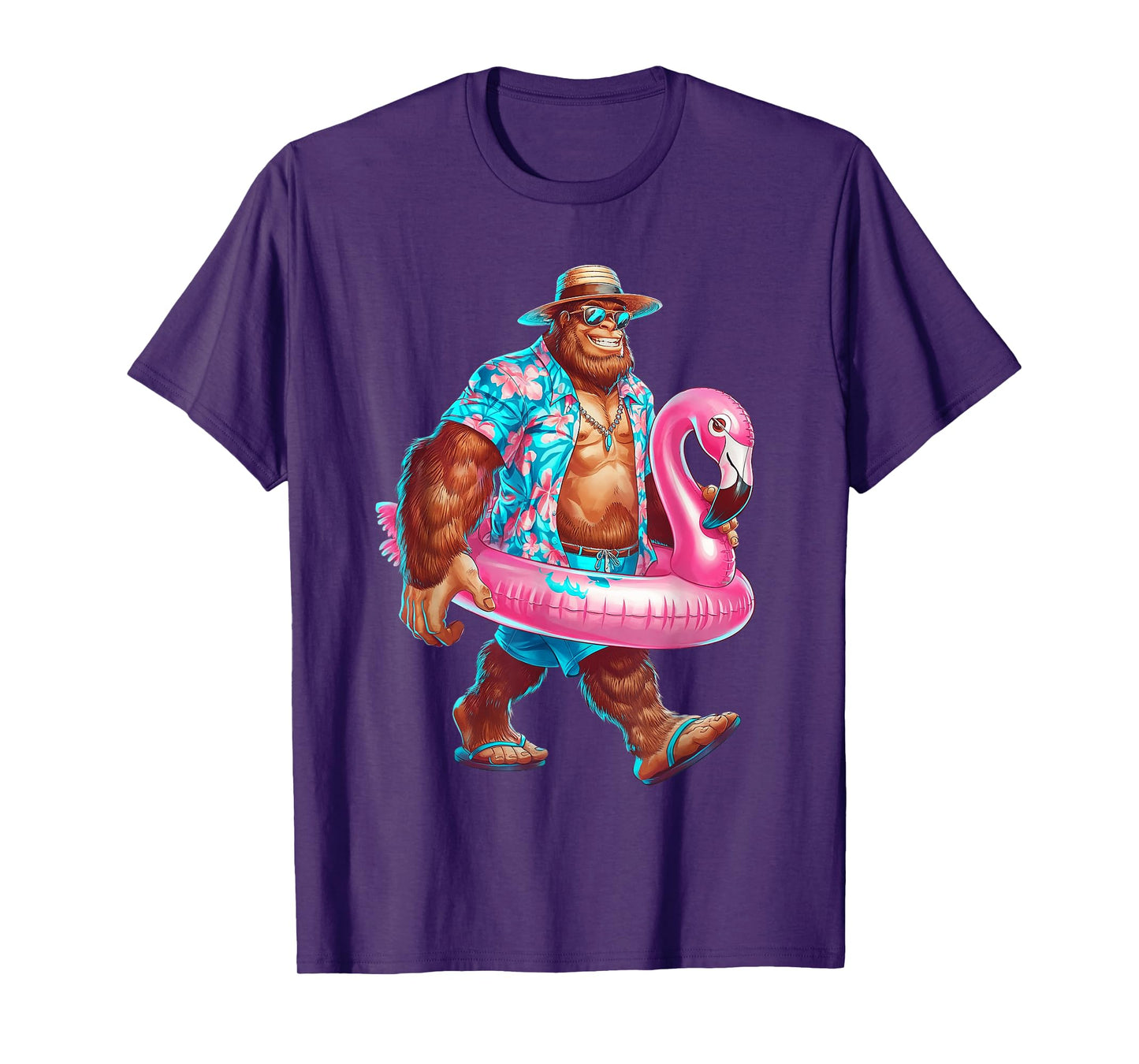 Hawaiian Bigfoot Sasquatch Pink Flamingo Pool Party Summer T-Shirt