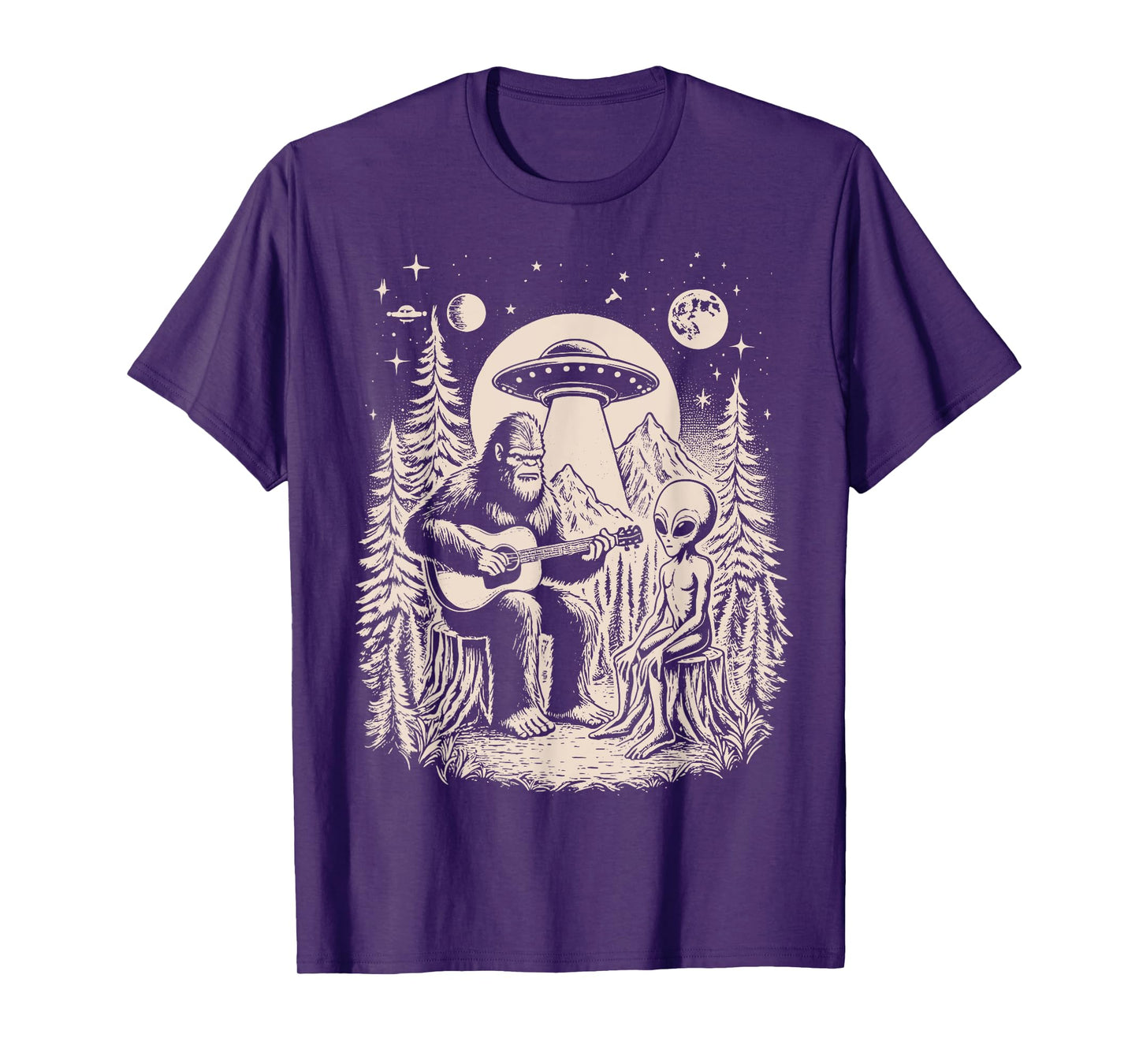 Funny Big Foot Alien Spaceship Big Foot Sasquatch Ape Guitar T-Shirt