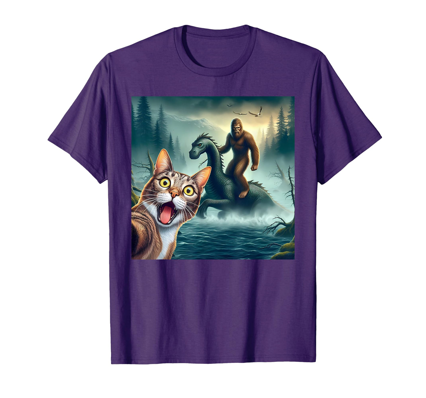 Cat Selfie bigfoot riding loch Ness monster surprised cat T-Shirt for Men Women Kids