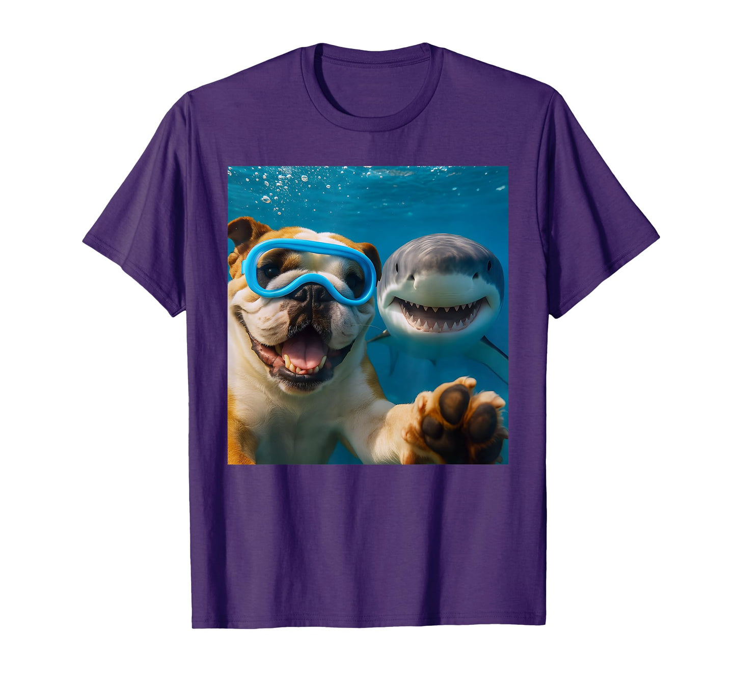 Funny English Bulldog Dog Selfie with Shark Ocean Lovers T-Shirt