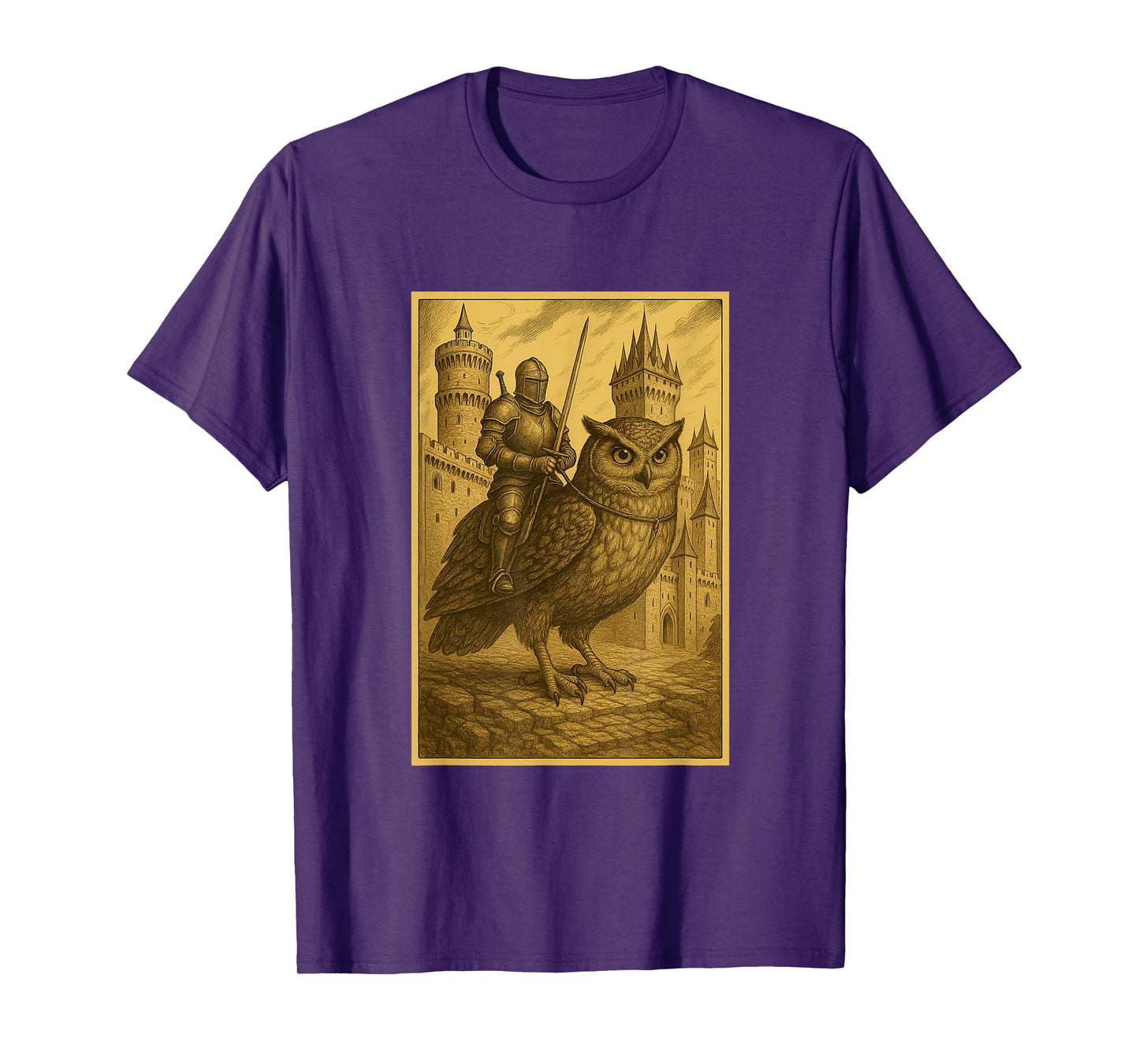 Medieval Knight Riding a Owl Fantasy Art Surreal Bird Rider T-Shirt