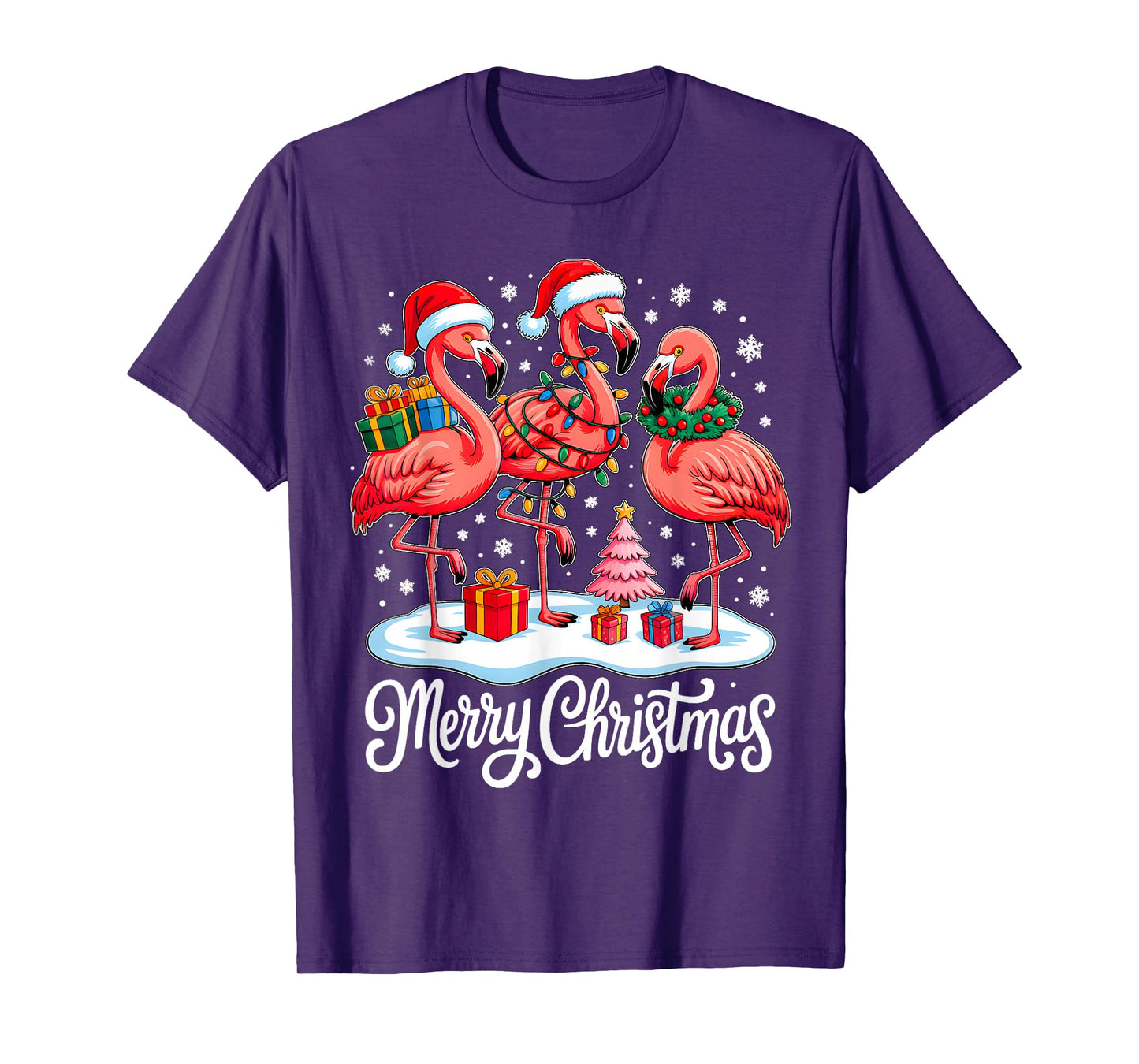 Merry Christmas Hat Santa Flamingo Light Xmas Women Girls T-Shirt