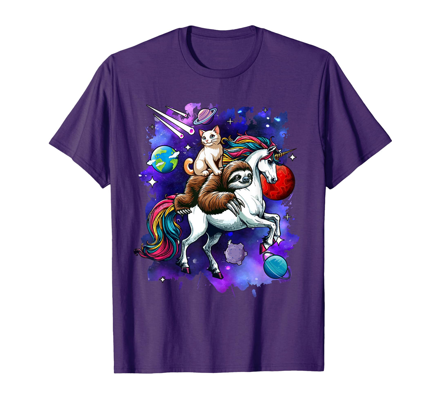Cat And Sloth Riding Unicorn In Space Costume Galaxy T-Shirt for Men Women Kids