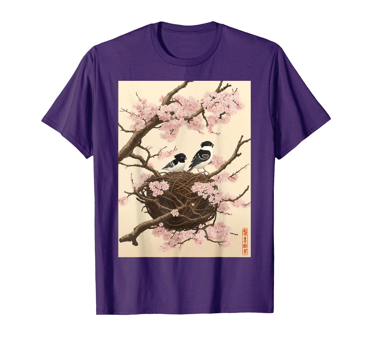 Retro Graphic Japanese Art Birds on Cherry Blossom Woodblock T-Shirt