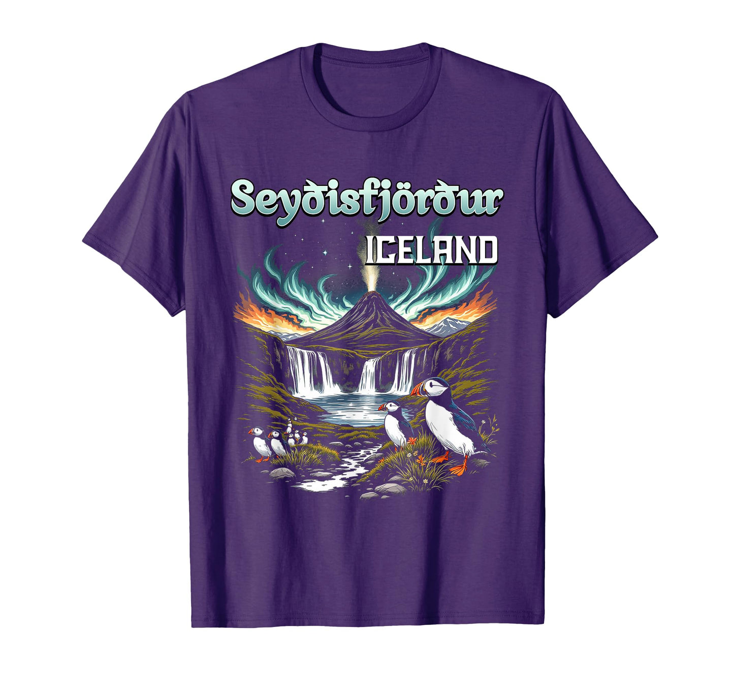 Seyðisfjörður Iceland Souvenir Icelandic Volcano Puffins T-Shirt