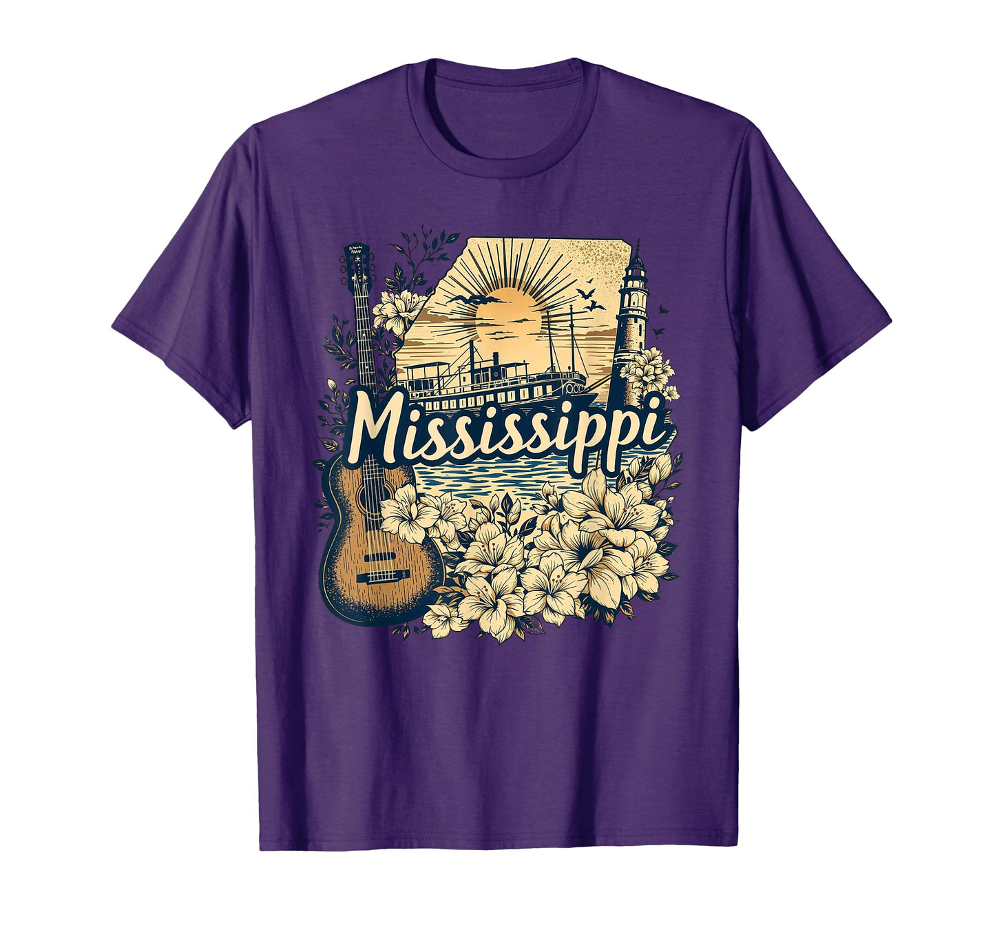 Retro Mississippi Home State MS Guitar and Flowers T-Shirt