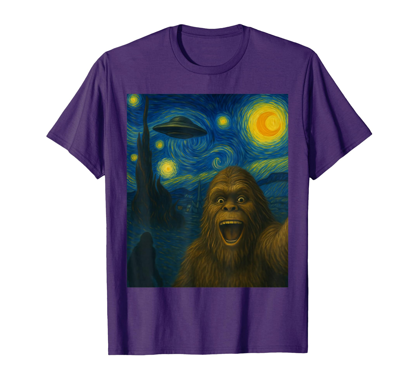 Sasquatch Selfie Big Foot On UFO Alien Starry Night Funny T-Shirt