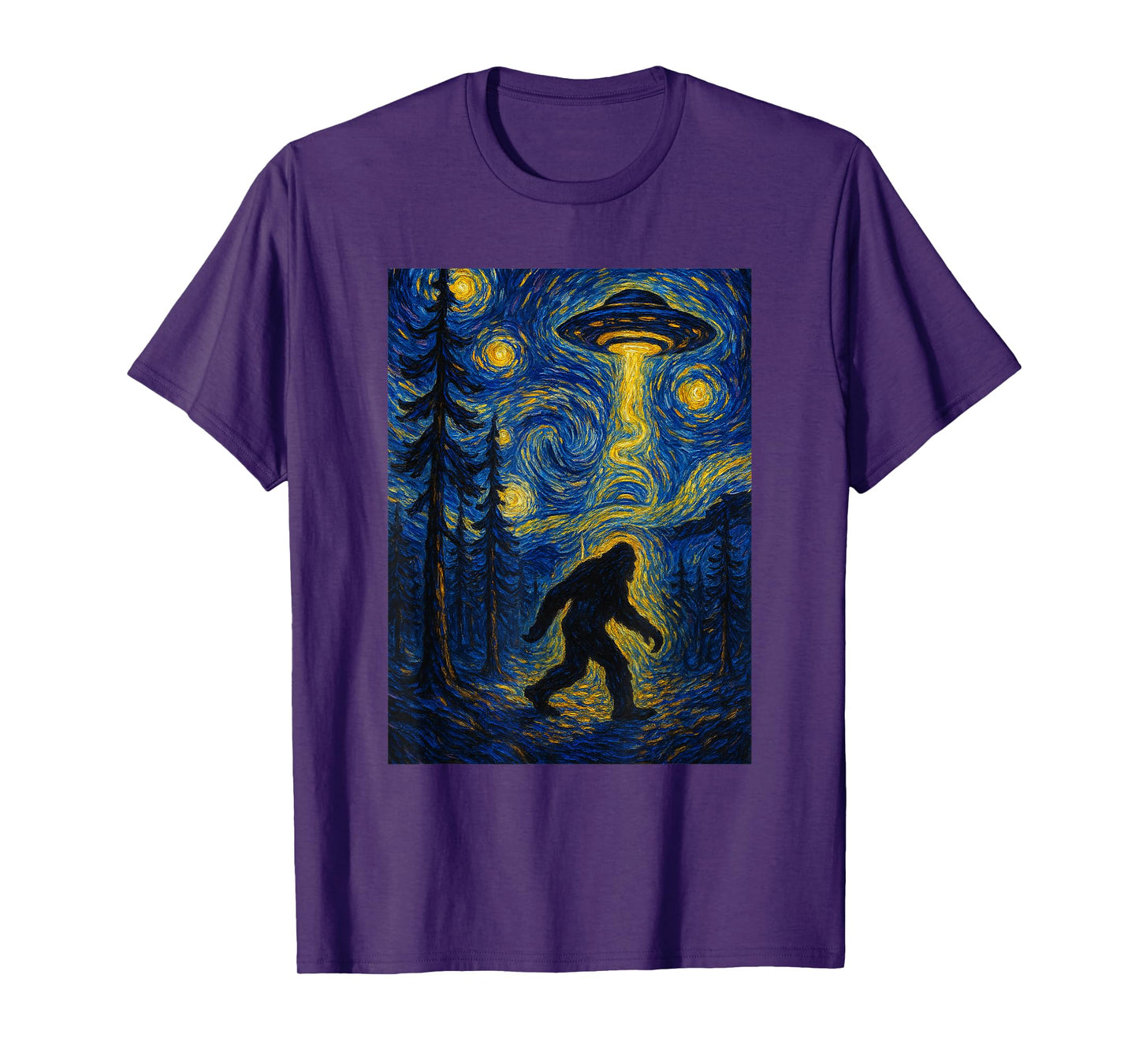Bigfoot Starry Night Van Gogh UFO For Bigfoot Lover Mom Dad T-Shirt