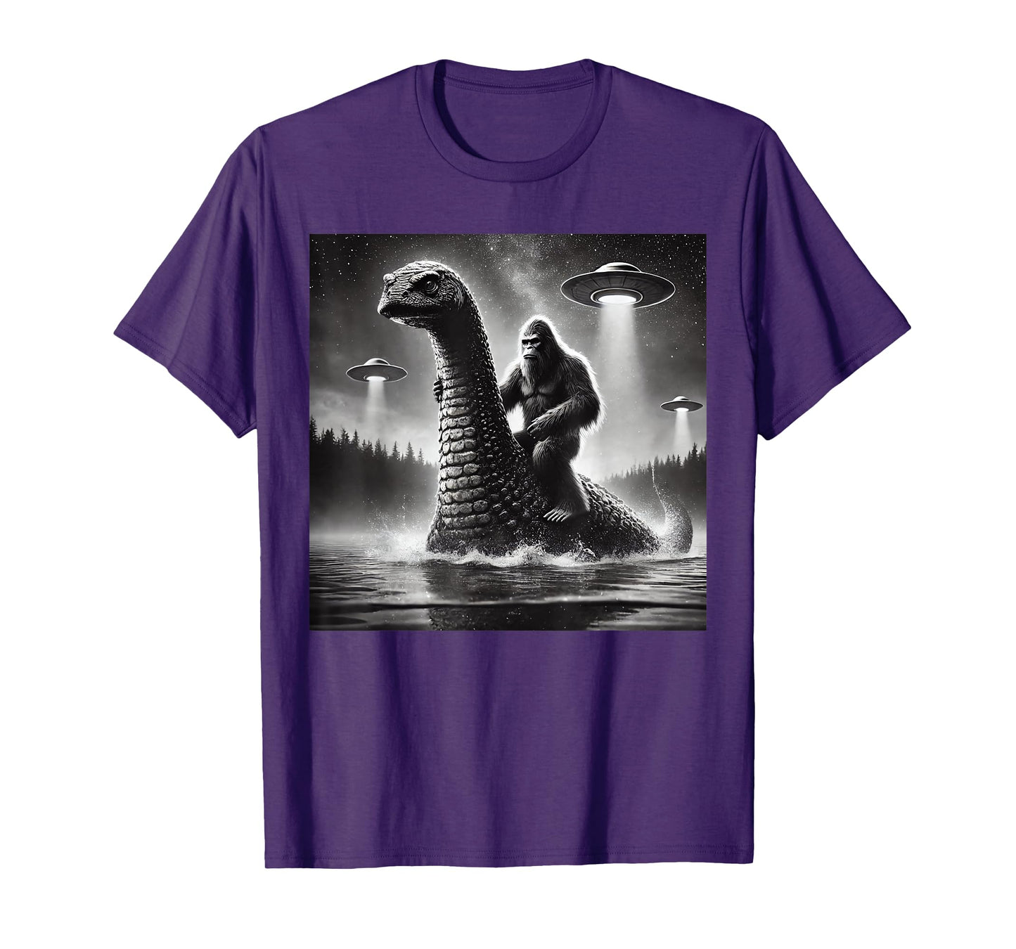 Bigfoot Riding Loch Ness Monster Alien UFO Funny Men Graphic T-Shirt
