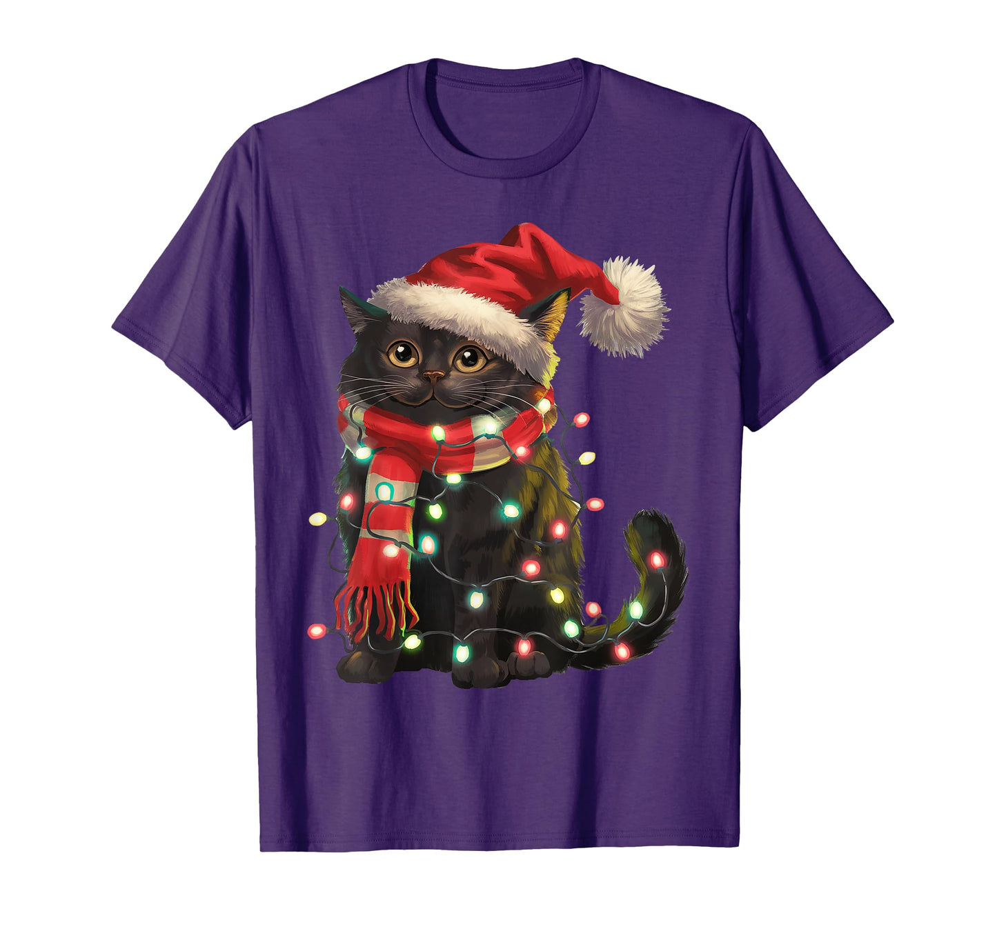 Black Cat Christmas Lights Santa Hat Christmas Cat Lover T-Shirt for Men Women Kids