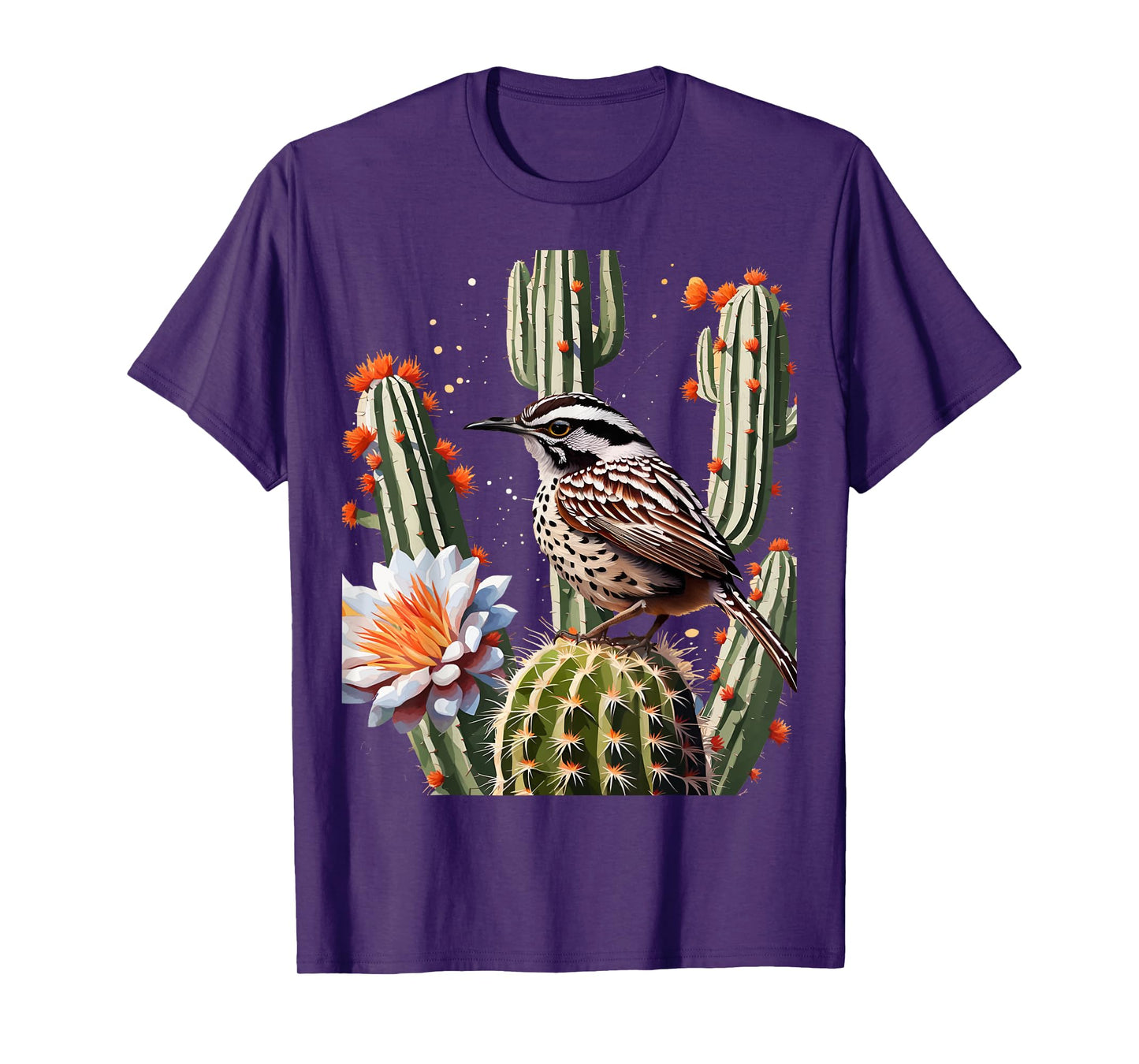 Arizona Cactus Wren Surrounded By Saguaro Cactus Blossom T-Shirt