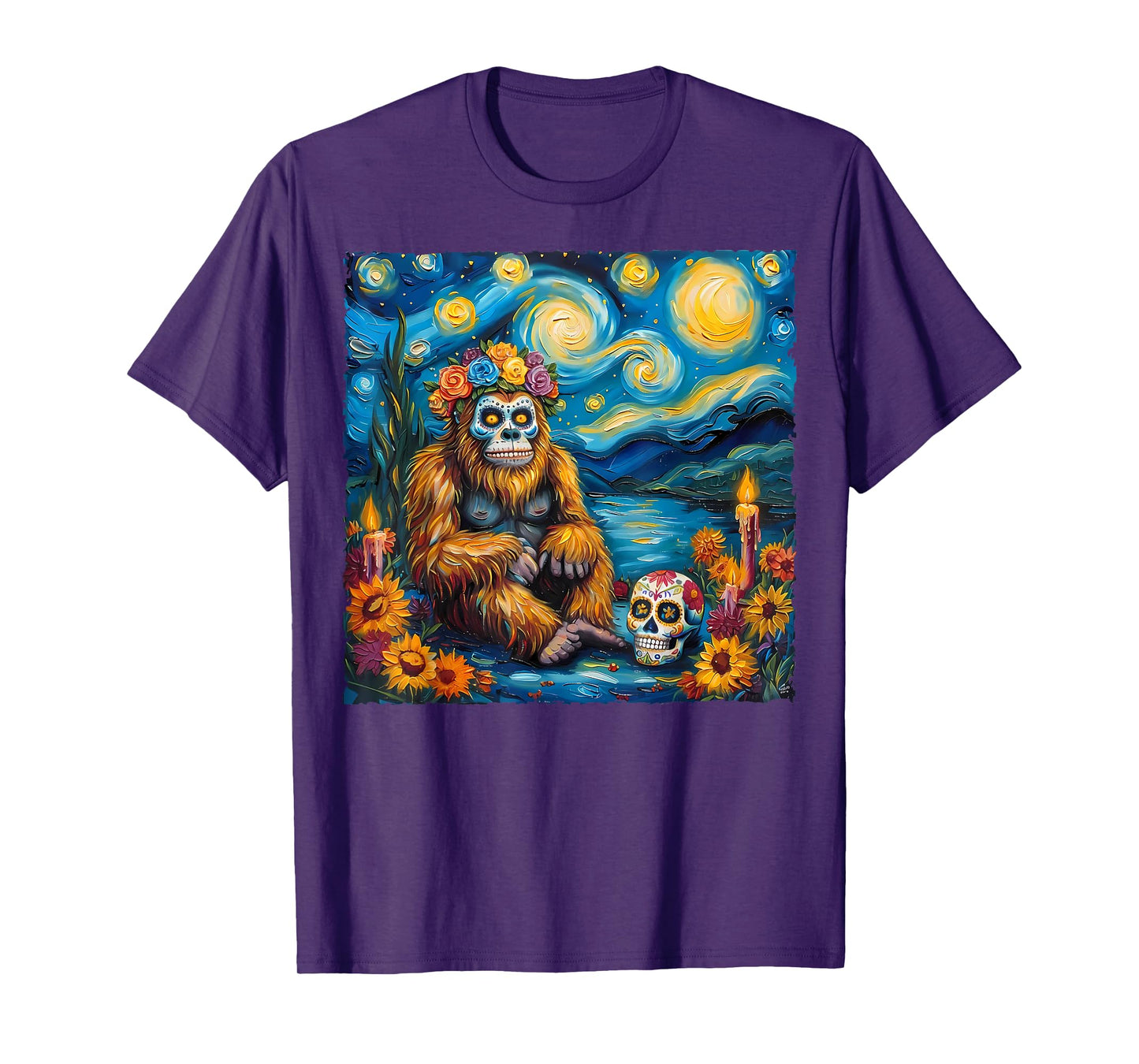 Bigfoot Van Gogh Style The Starry Night Day Of Dead Funny T-Shirt