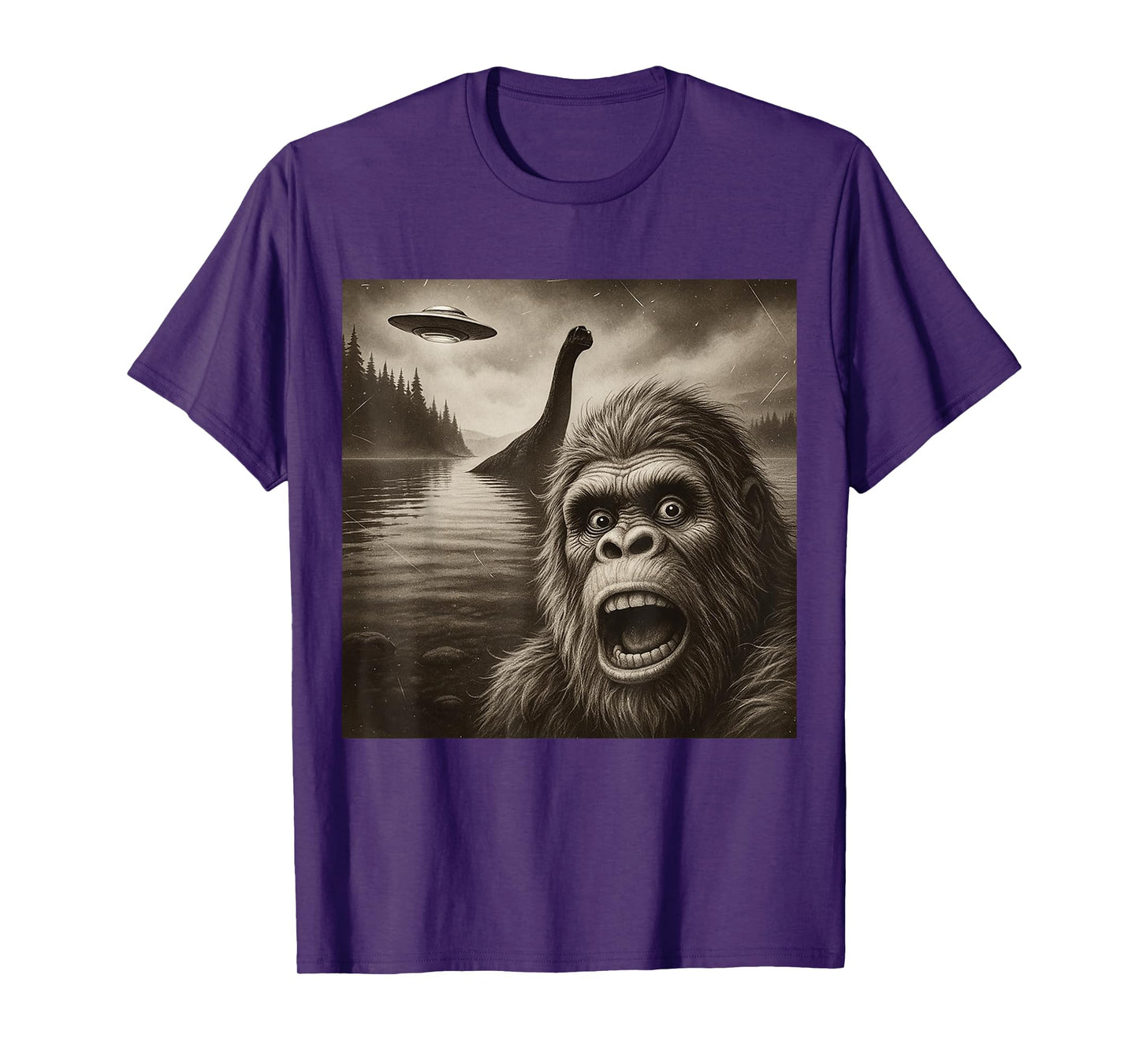Bigfoot Selfie With Loch Ness Monster And UFO Aliens Graphic T-Shirt