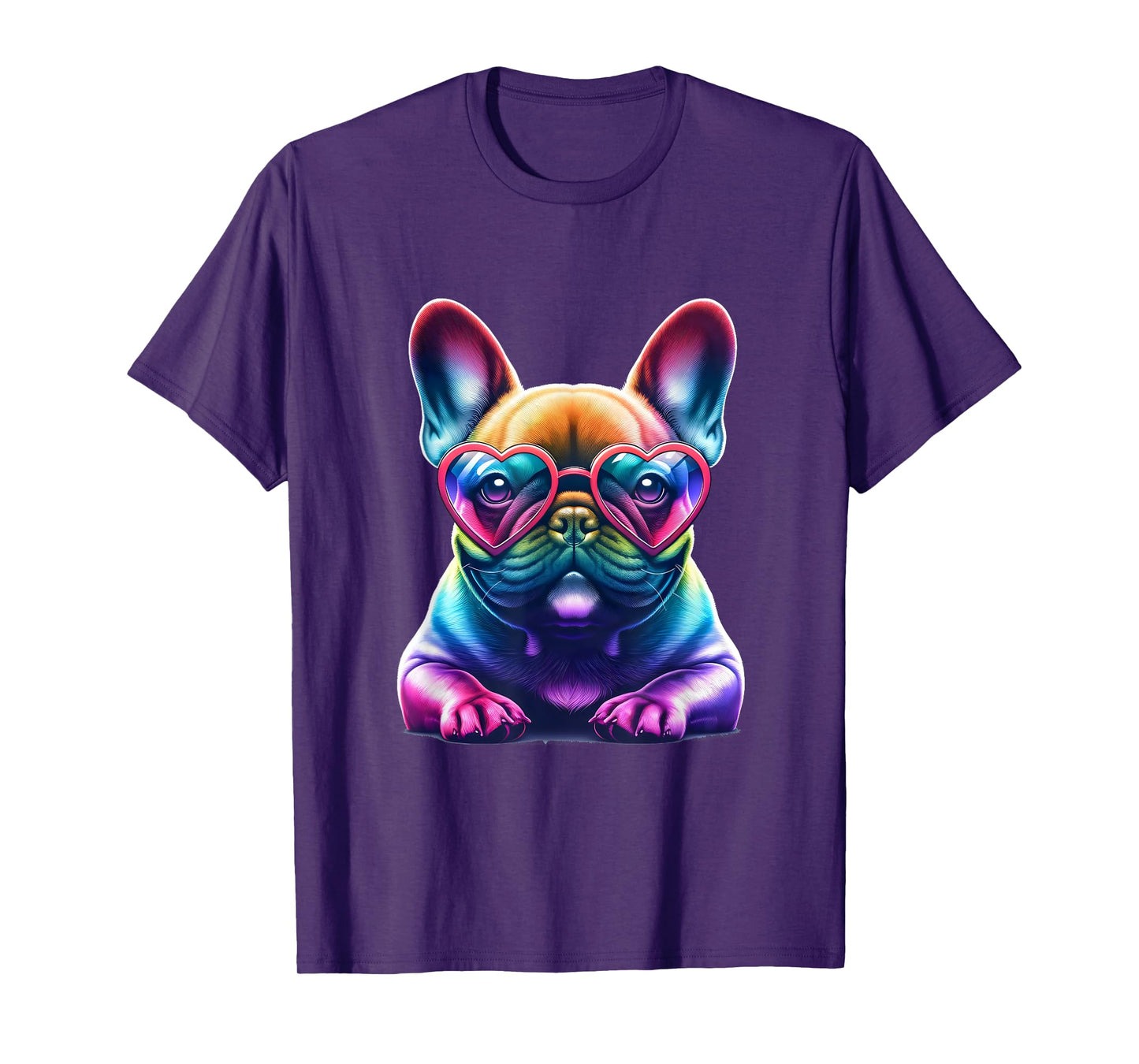 Rainbow Frenchie Wearing Heart Glasses Puppy Love Dog Funny T-Shirt