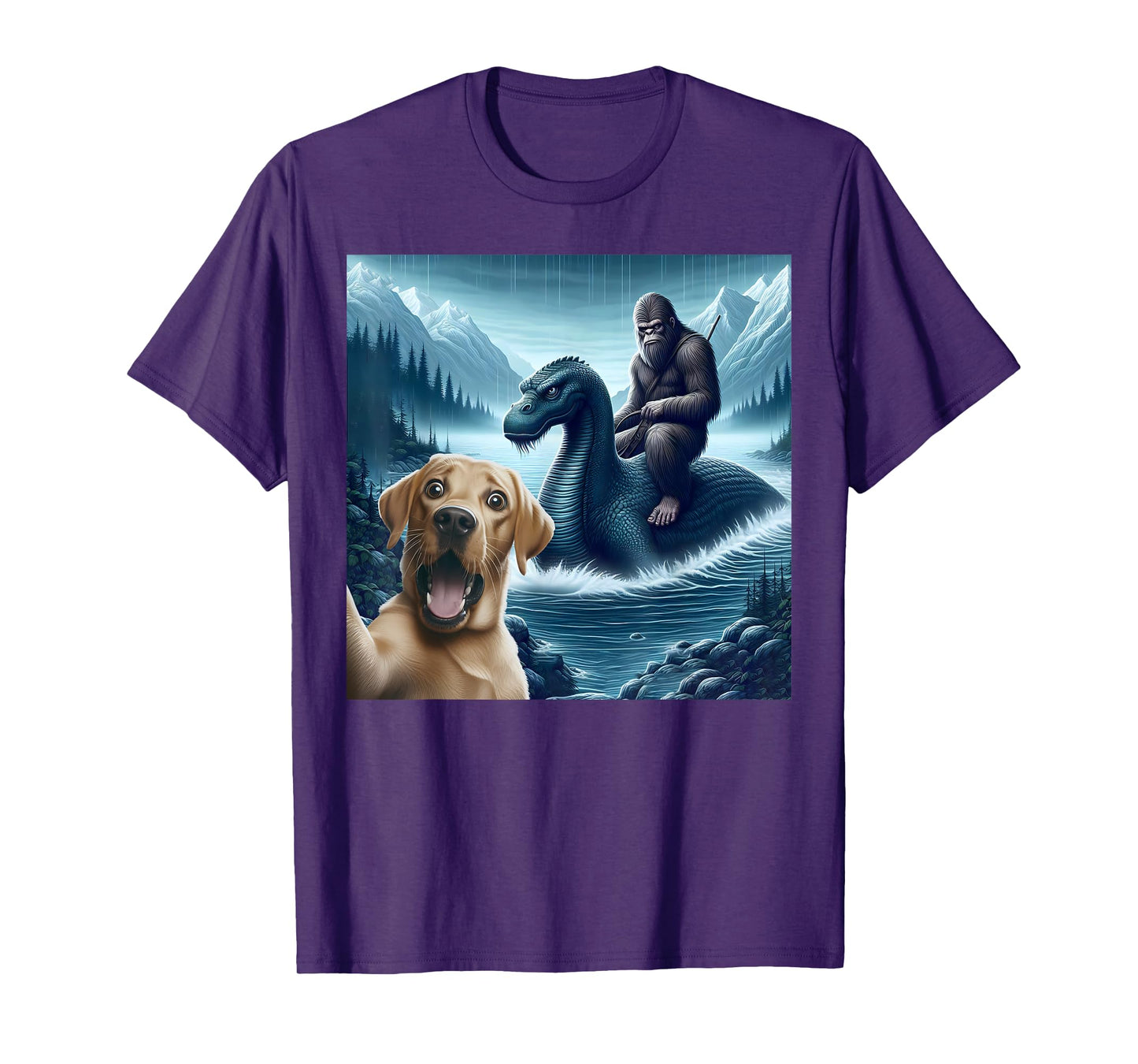 Labrador retriever Selfie with bigfoot riding loch Ness T-Shirt