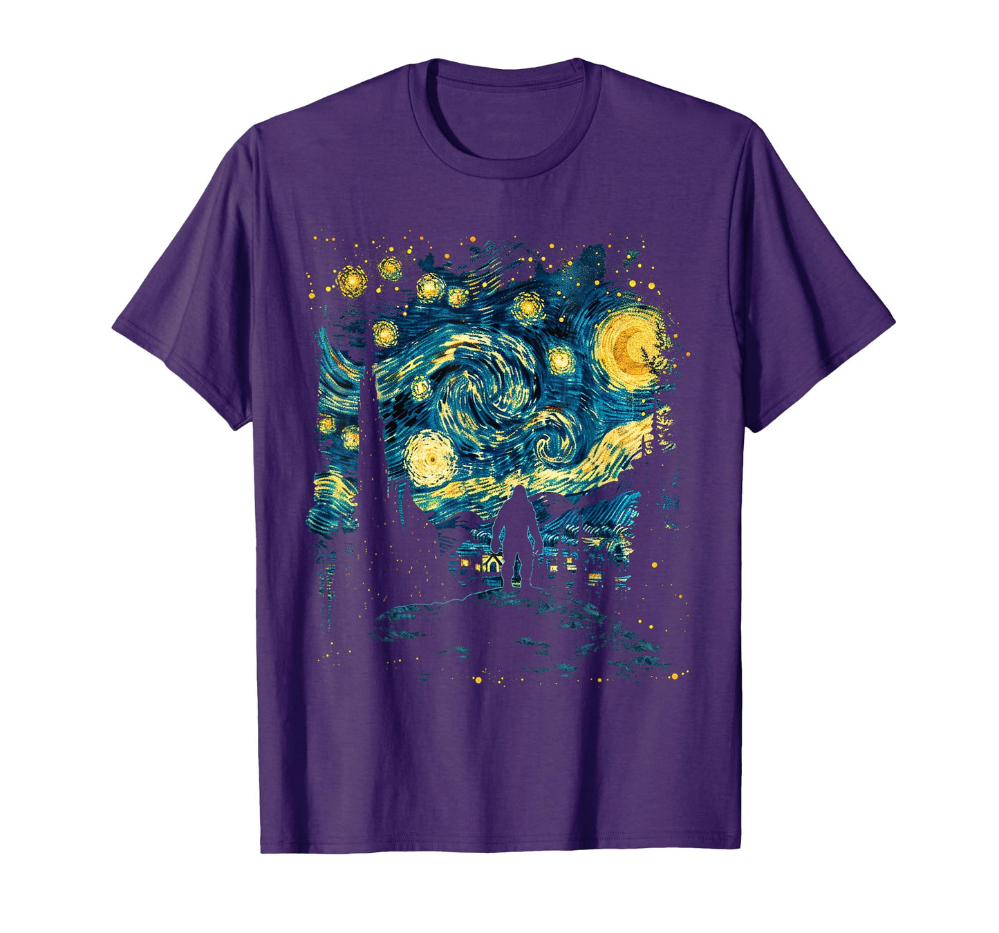 Funny Bigfoot Starry Night Sasquatch Van Gogh Sky Painting T-Shirt