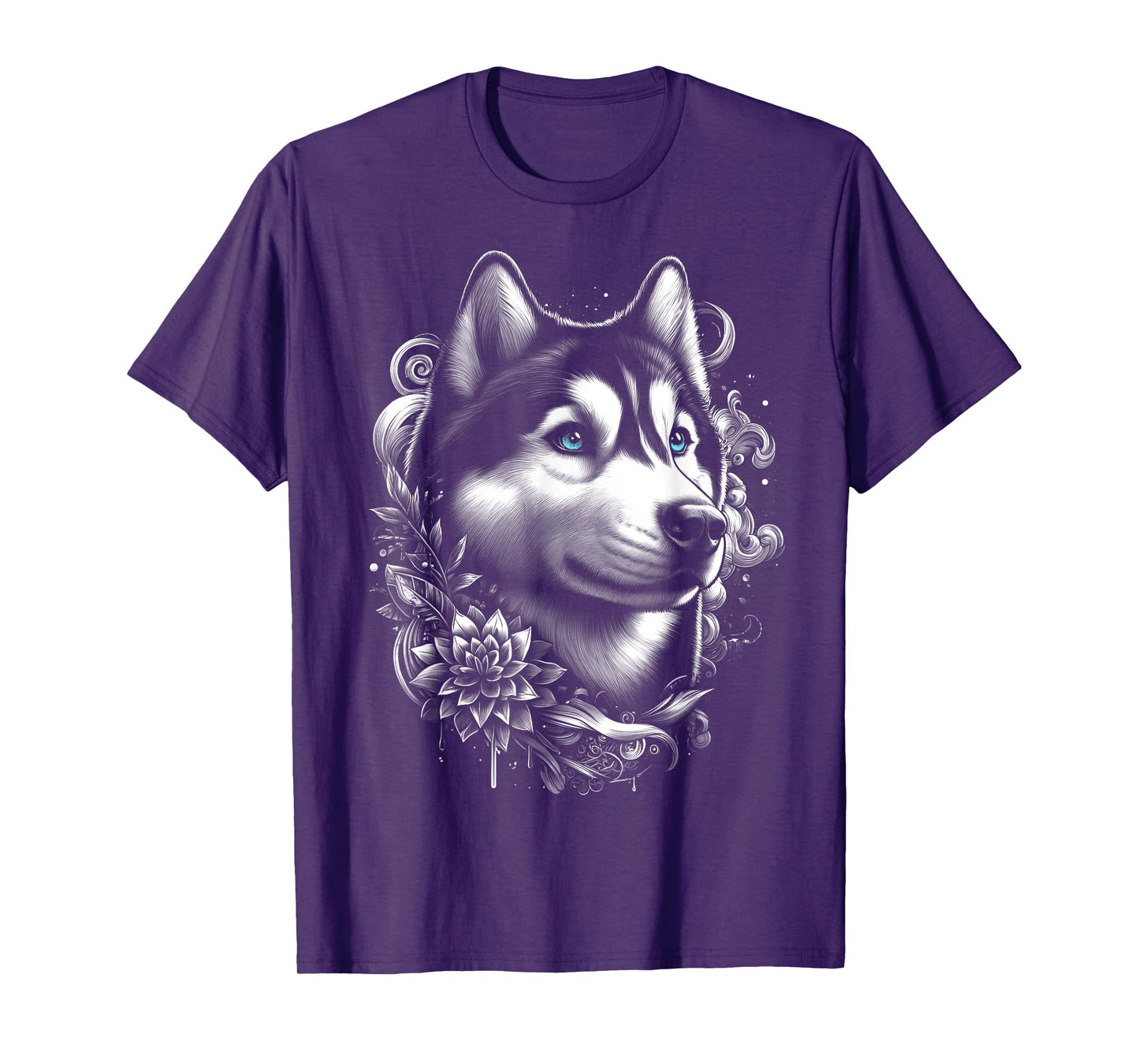 Cool Husky with Blue Eyes and Flowers Decoration T-Shirt