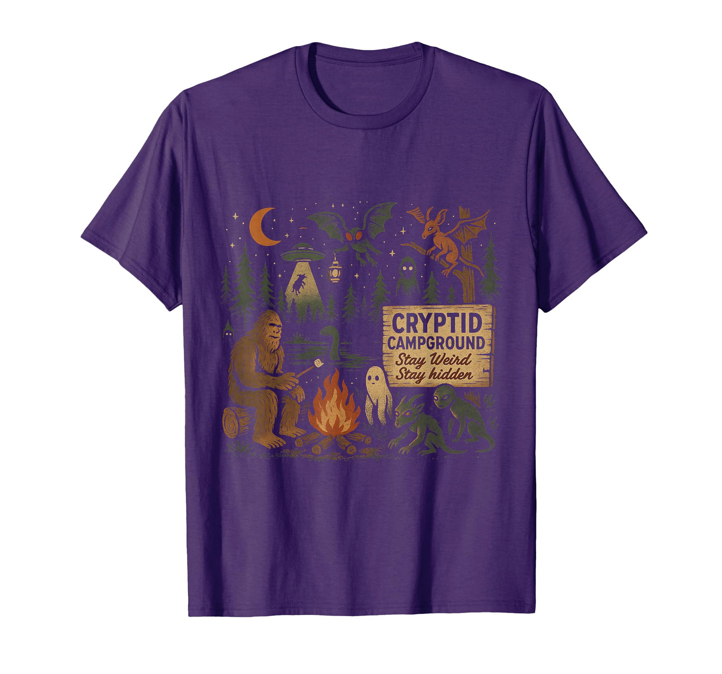 Cryptid Campground Bigfoot Mothman Aliens Loch Ness Monster T-Shirt