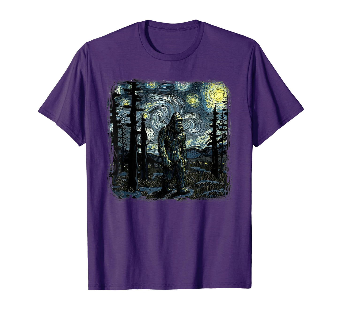 Bigfoot Starry Night Sasquatch Van Gogh Sky Painting Art T-Shirt