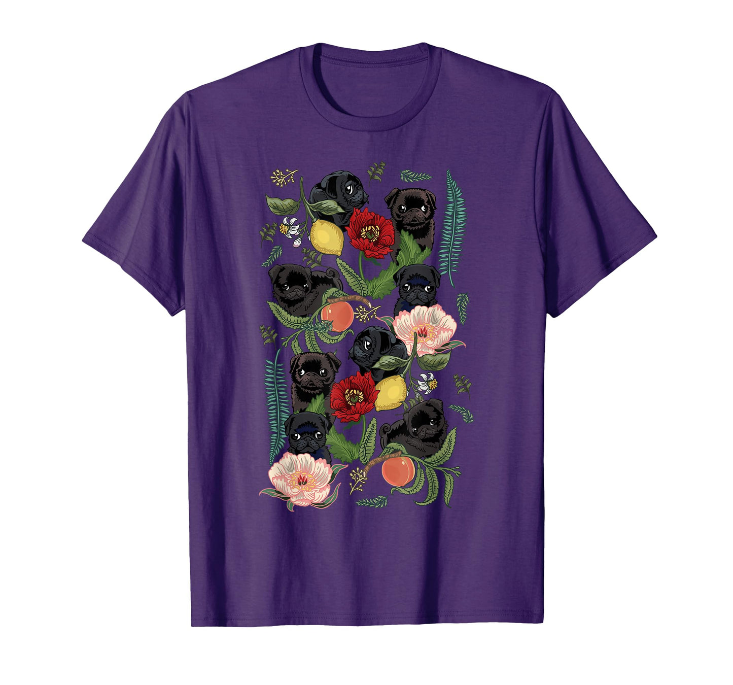 Botanical and Black Pug T- shirt by Huebucket T-Shirt