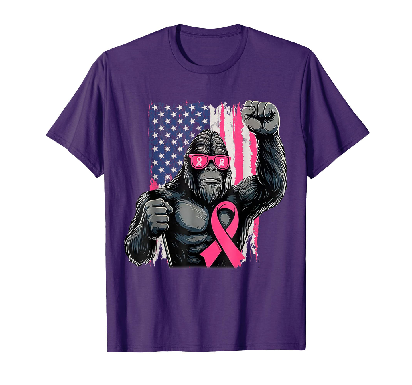 Bigfoot Breast Cancer Awareness American Flag Pink Ribbon T-Shirt