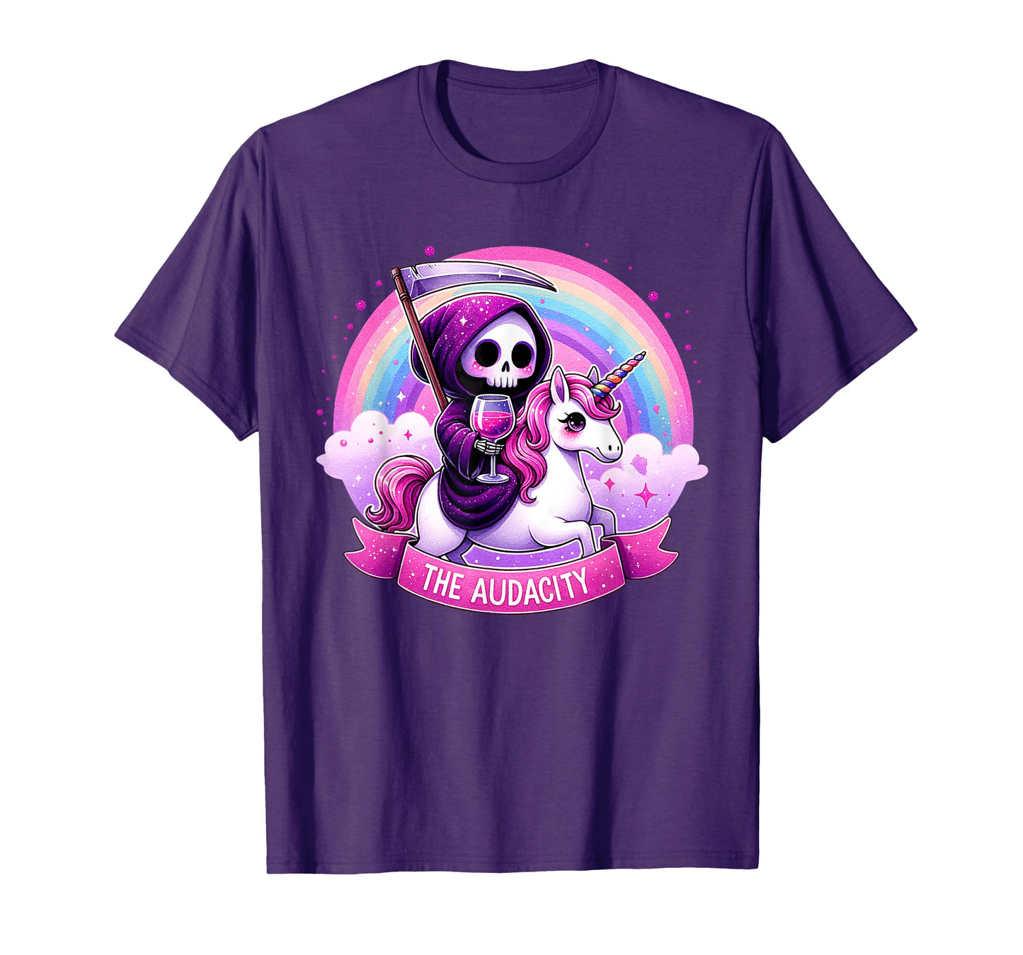 The Audacity Skeleton Riding Unicorn Rainbow Halloween Women T-Shirt
