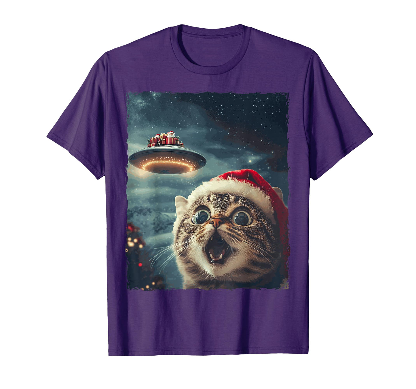 Funny Cat Selfie Santa Ufo Xmas Christmas T-Shirt
