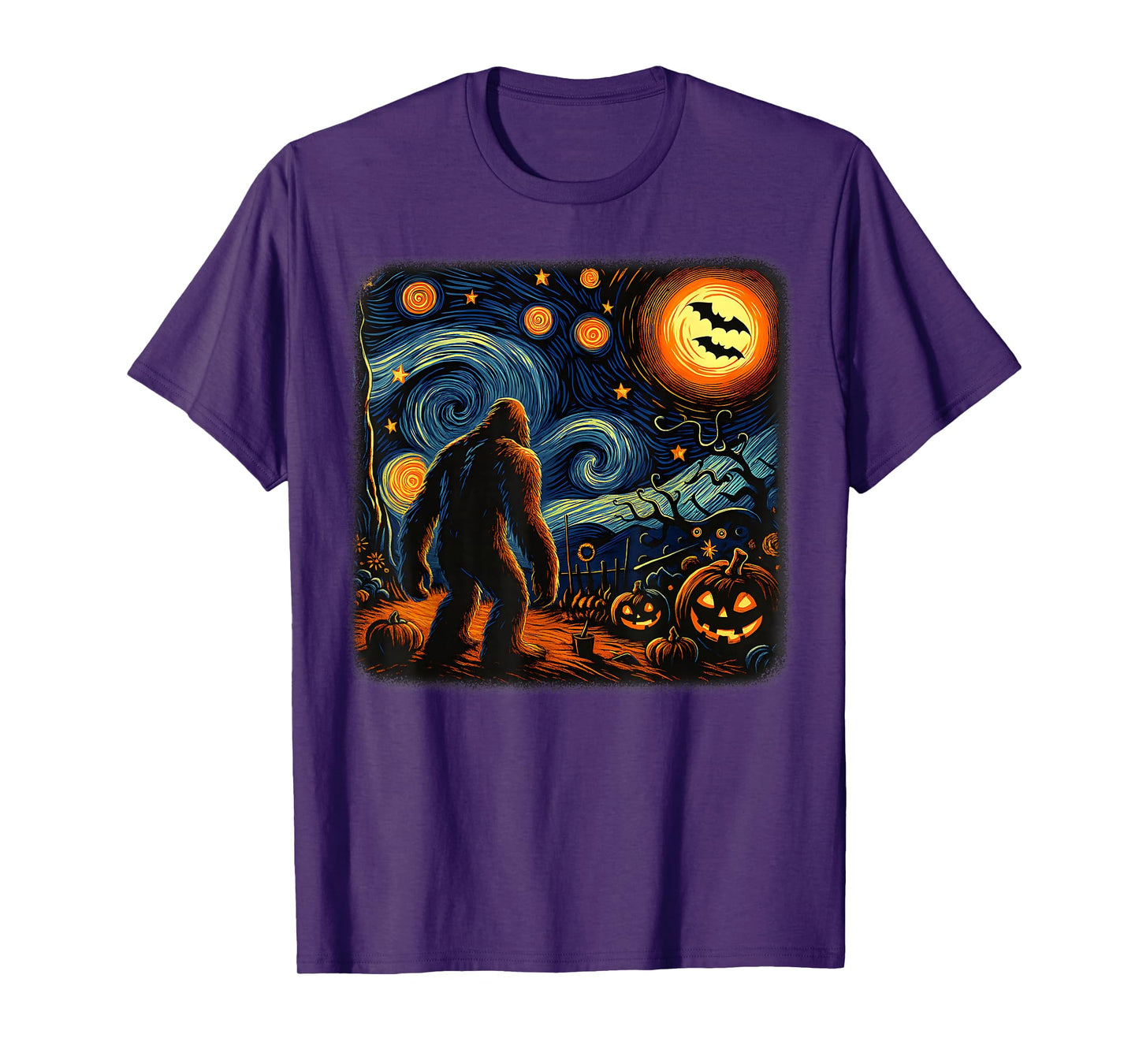 Halloween Bigfoot Starry Night Van Gogh Sasquatch Pumpkin T-Shirt