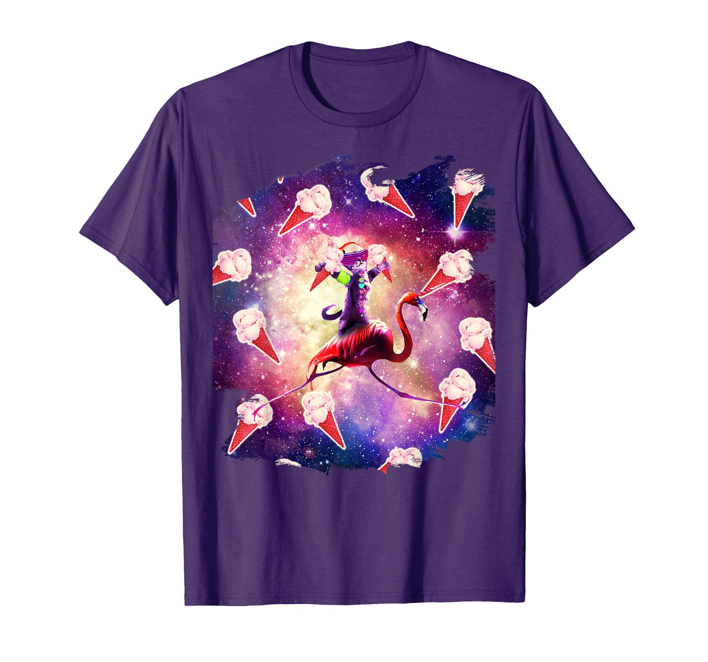Rave Space Cat On Flamingo Unicorn - Ice Cream T-Shirt for Men Women Kids