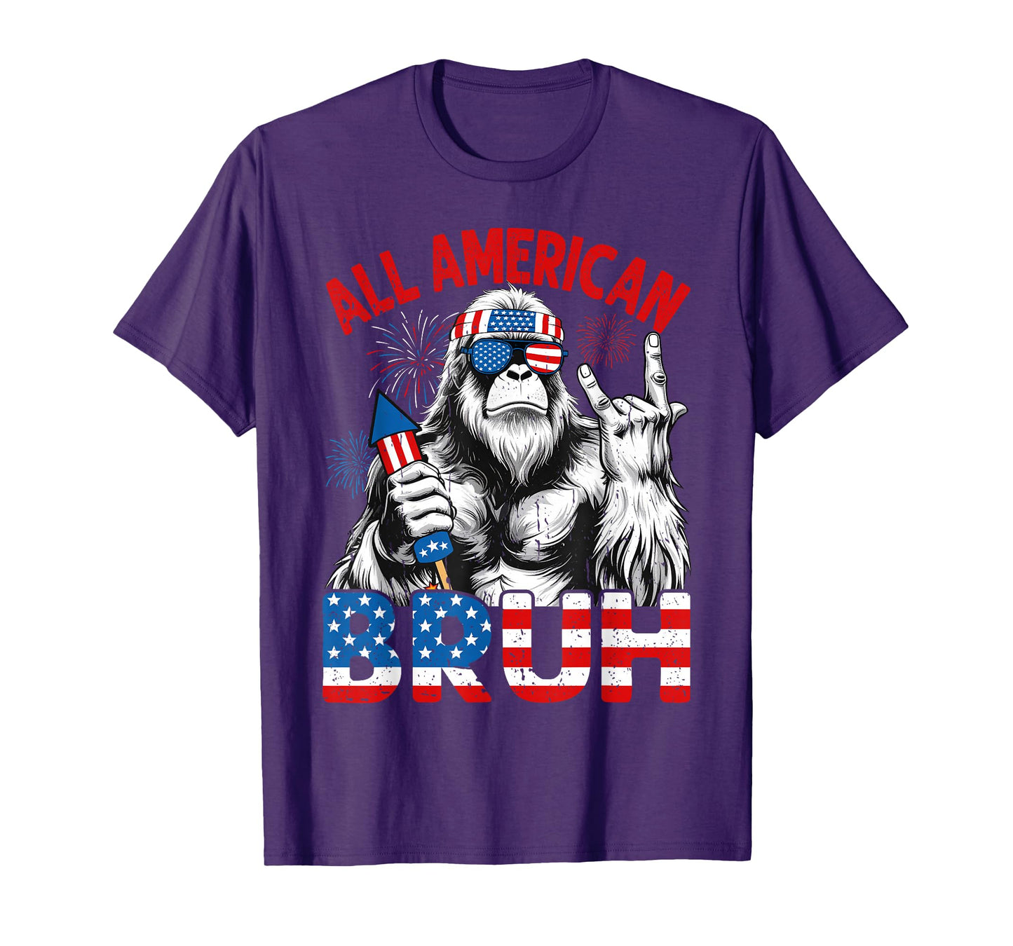 Bruh Bigfoot Merica Rock American Flag Patriotic 4th Of July T-Shirt