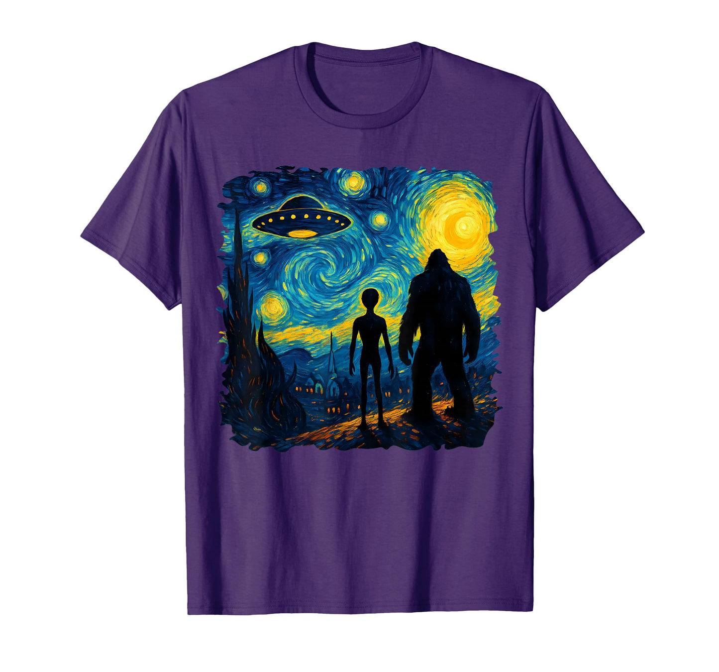 Bigfoot Alien UFO Van Gogh Starry Night Sasquatch Graphic T-Shirt