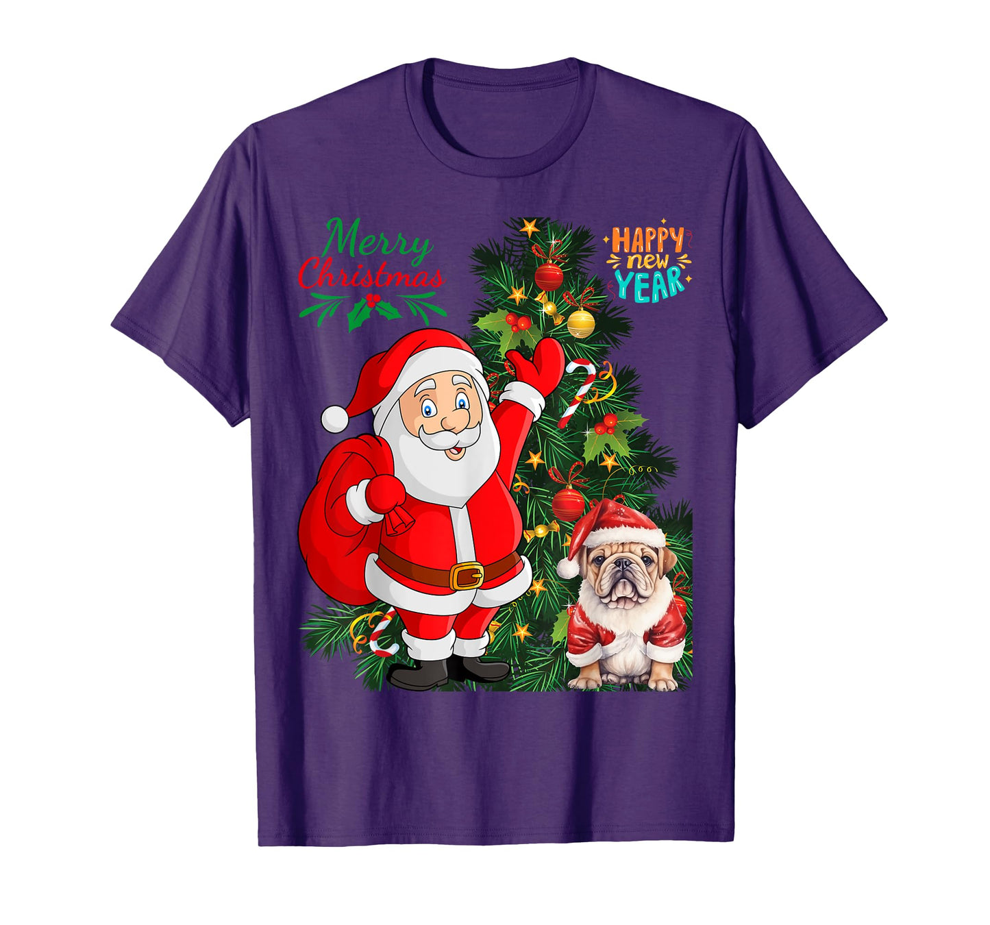 Merry Christmas Happy New Year Santa Claus English Bulldog Men Women Kids T-Shirt