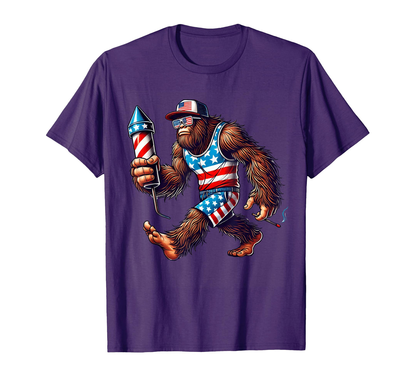 Bigfoot Fireworks 4th of July Men Sasquatch US Flag Men Boys T-Shirt