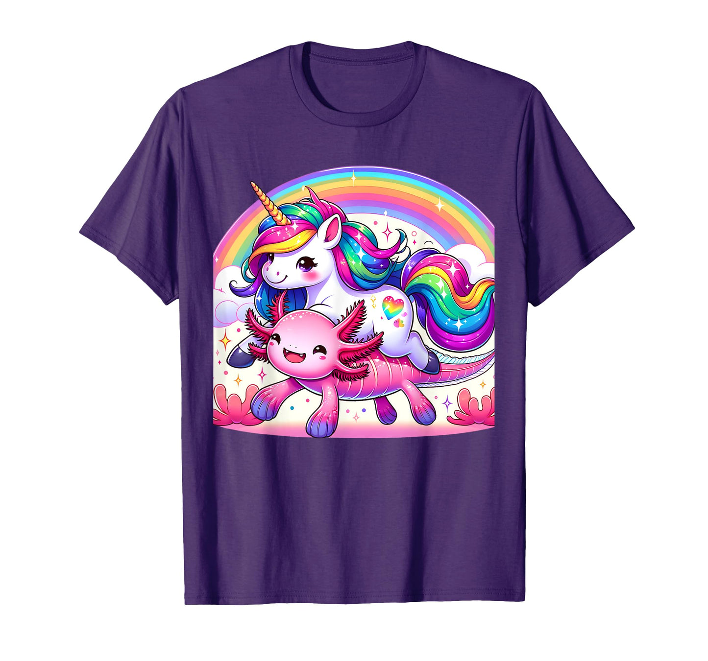Unicorn Riding Axolotl Kawaii Kids Girls Boys Men Rainbow T-Shirt