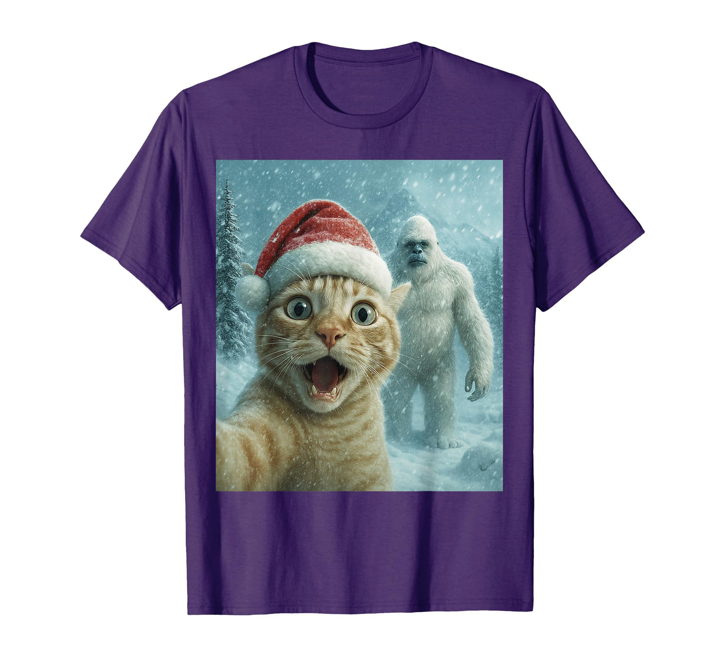Funny Cat Santa Hat Yeti Christmas Snow Meme Cool Selfie T-Shirt
