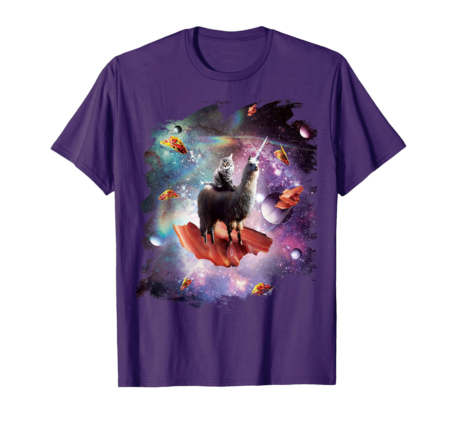 Space Cat Riding Llama Unicorn - Bacon Taco Men Women Girls Kids T-Shirt