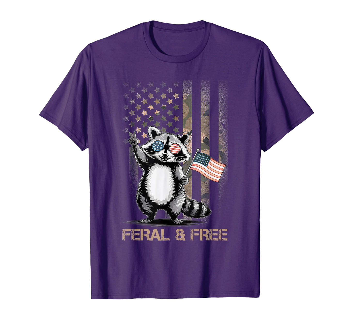 Feral & Free Camo American Flag Patriotic Racoon 4th Of July T-Shirt