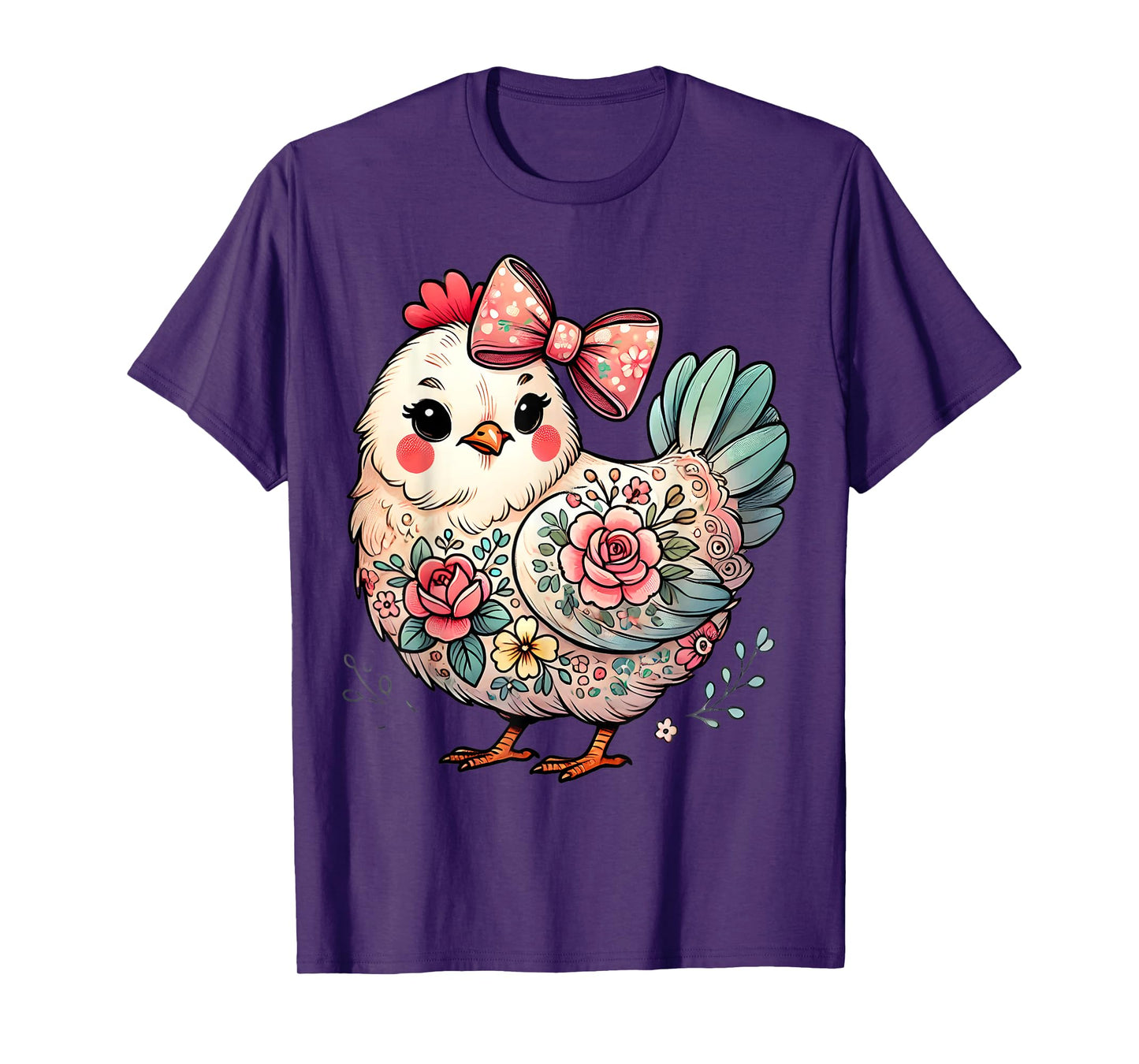 Chicken Lover Girls Women Floral Flower Bow Cute Hen Chicken T-Shirt