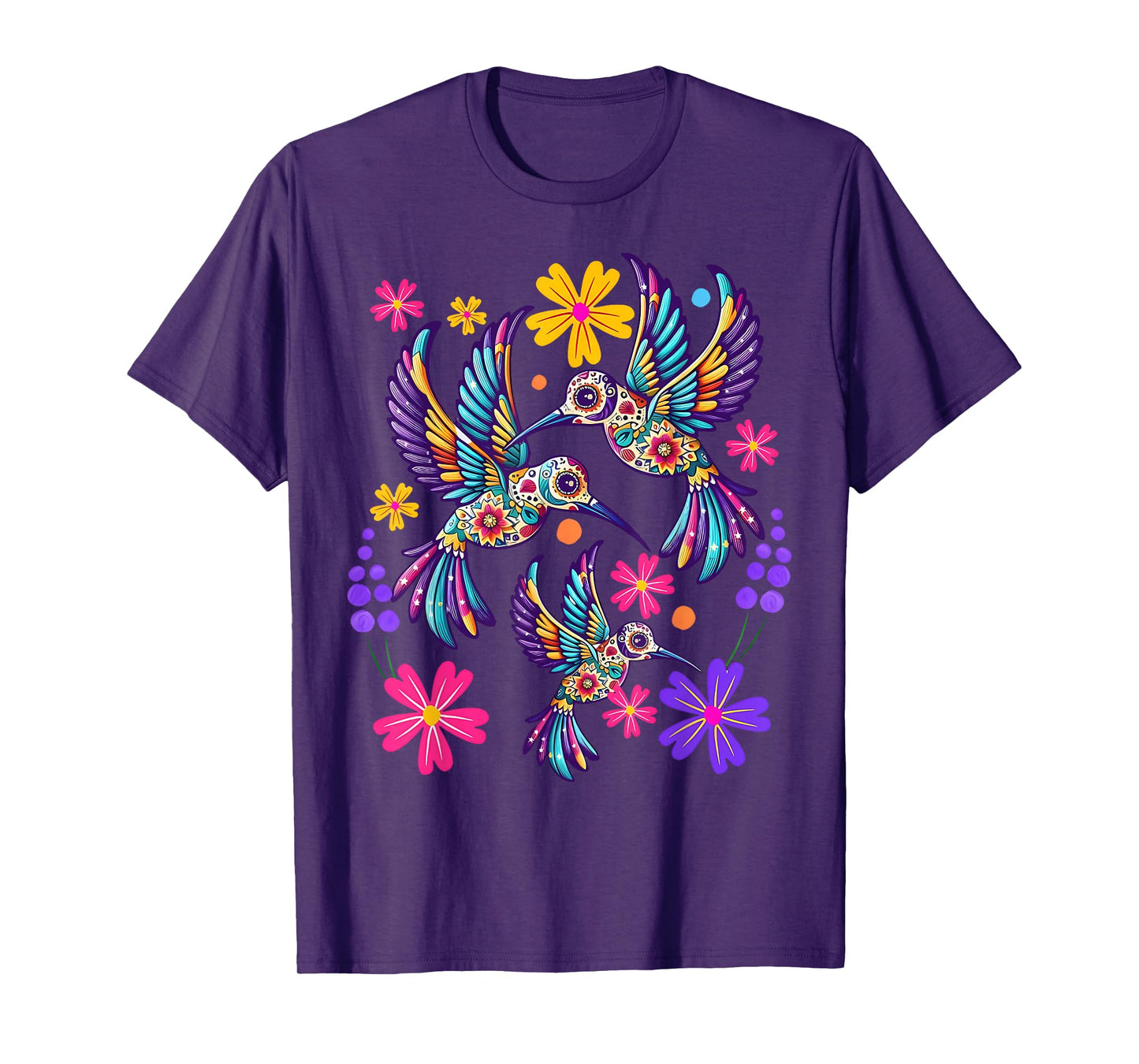 Hummingbird Colorful Mexican Flowers Bird Floral Nature T-Shirt