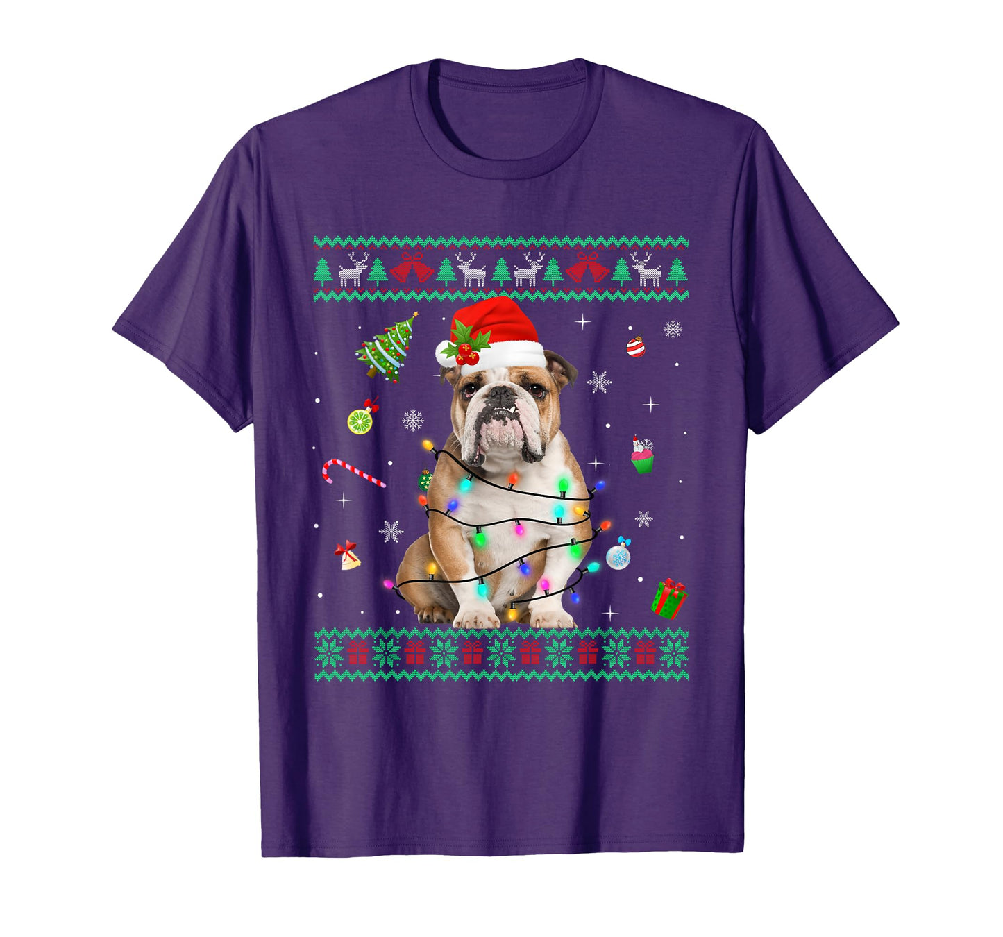 Ugly Sweater English Bulldog Dog Christmas Lights Santa Hat T-Shirt for Men Women Kids