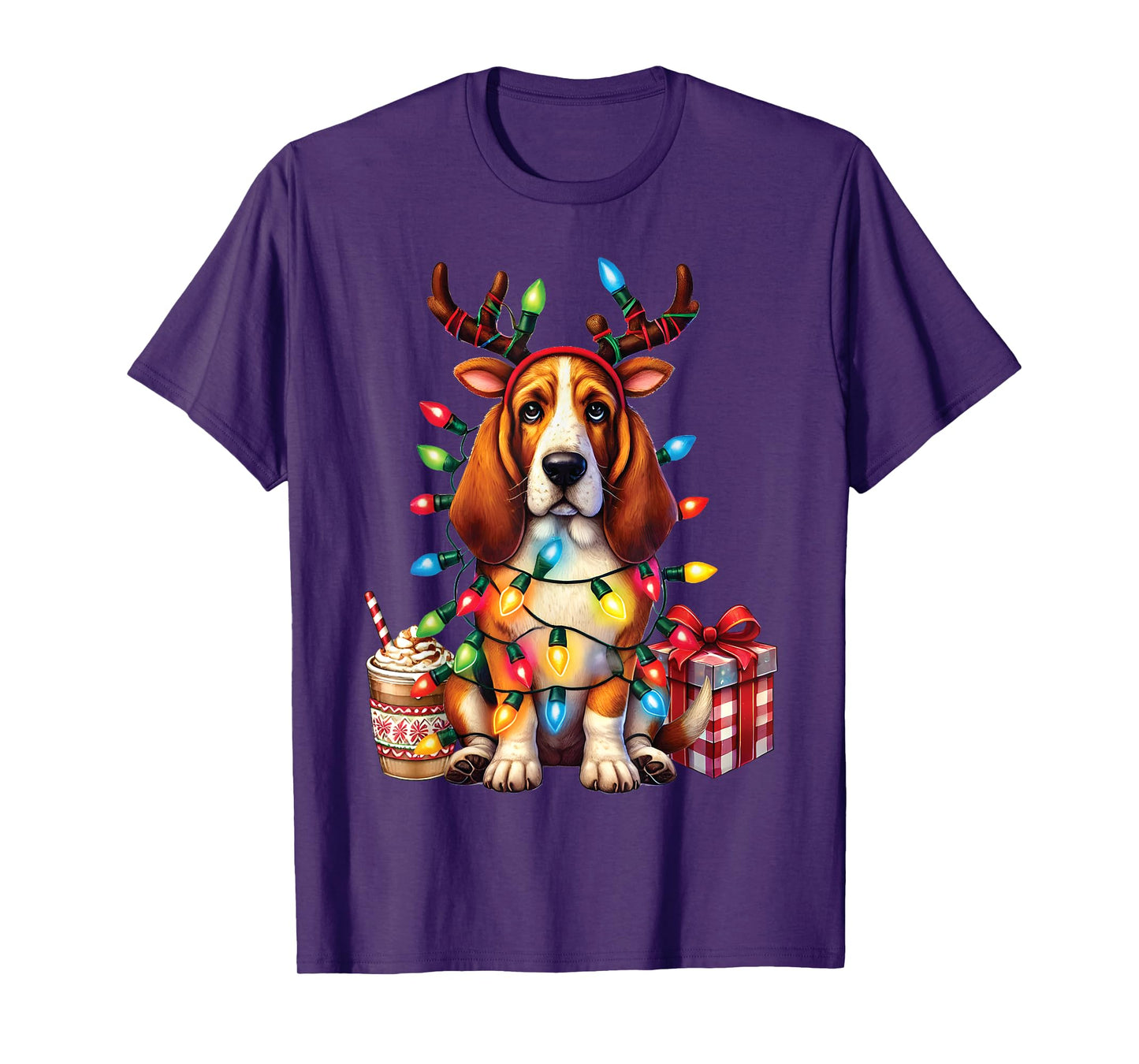 Pet Animal Basset Hound Dog Lover Reindeer Christmas Light T-Shirt