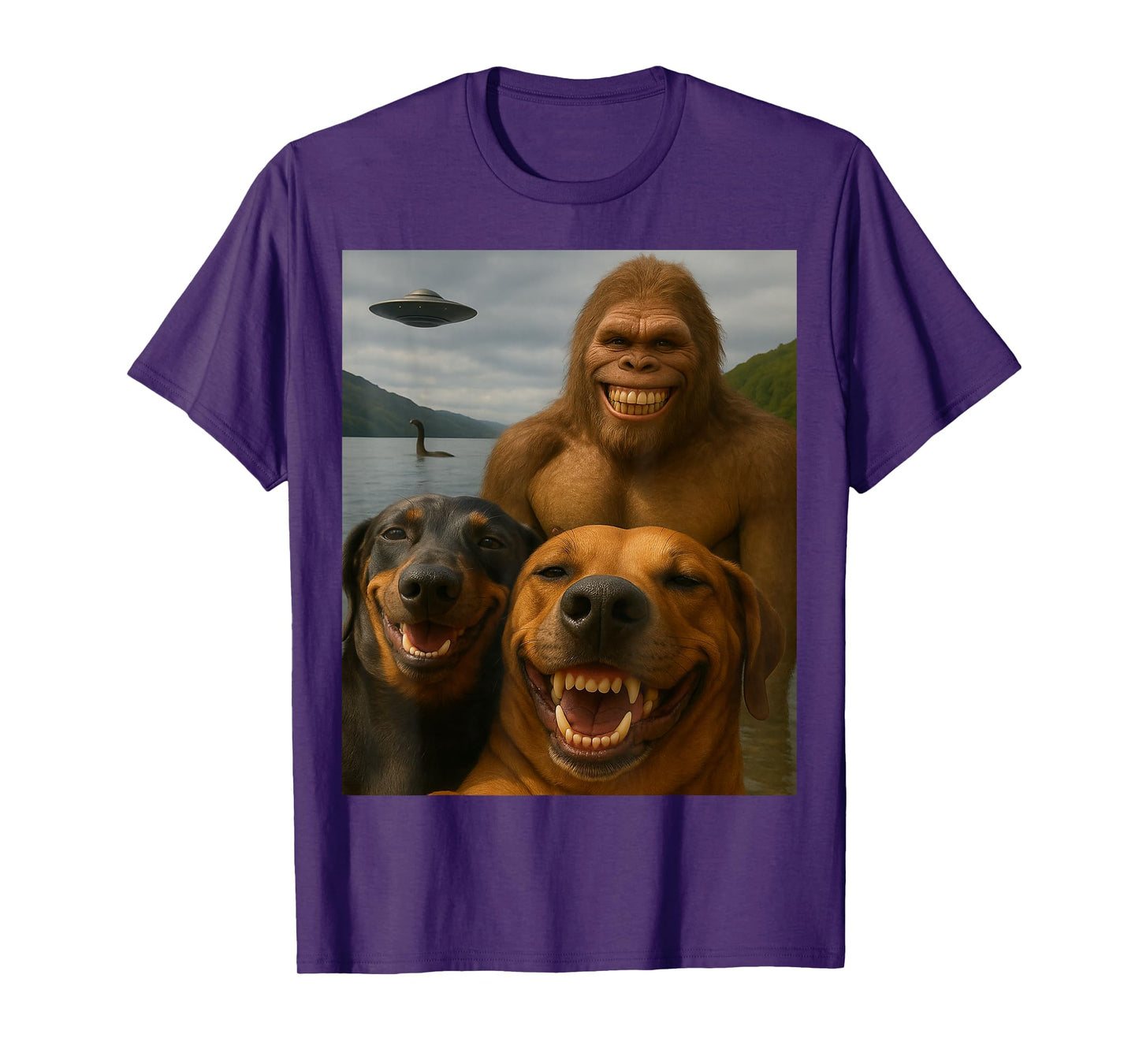Funny Bigfoot Nessie UFO Dog Selfie Cryptid Meme T-Shirt