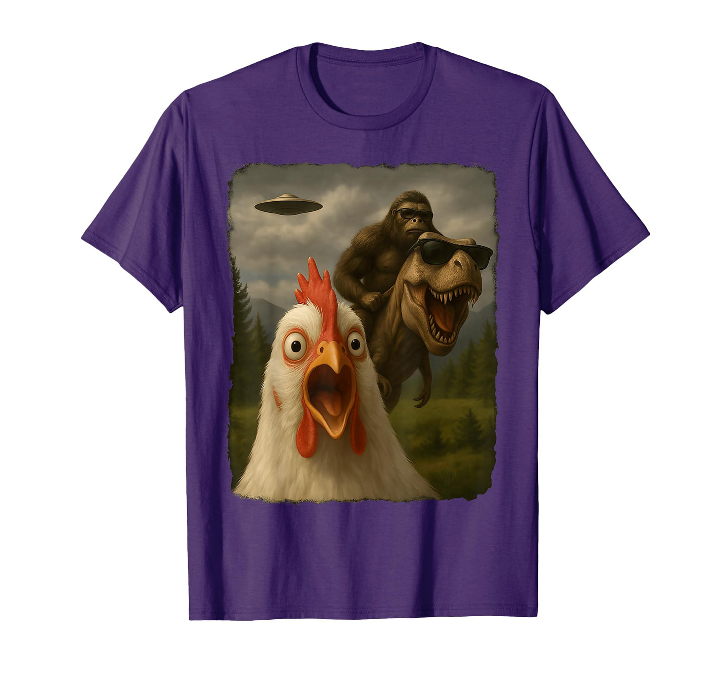 Funny Chicken Selfie Bigfoot Sasquatch Riding T-Rex UFO T-Shirt