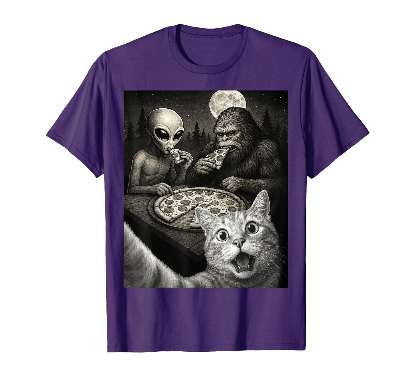 Funny Selfie of Cat With Bigfoot Eating Pizza With An Alien T-Shirt
