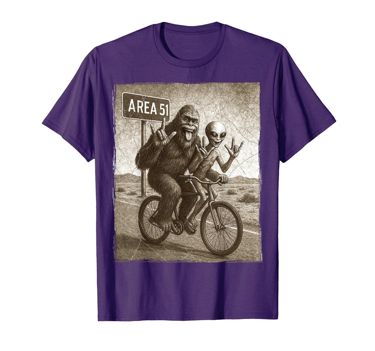 Bigfoot Alien UFO Bike Ride Rock On Area 51 Vintage Funny T-Shirt