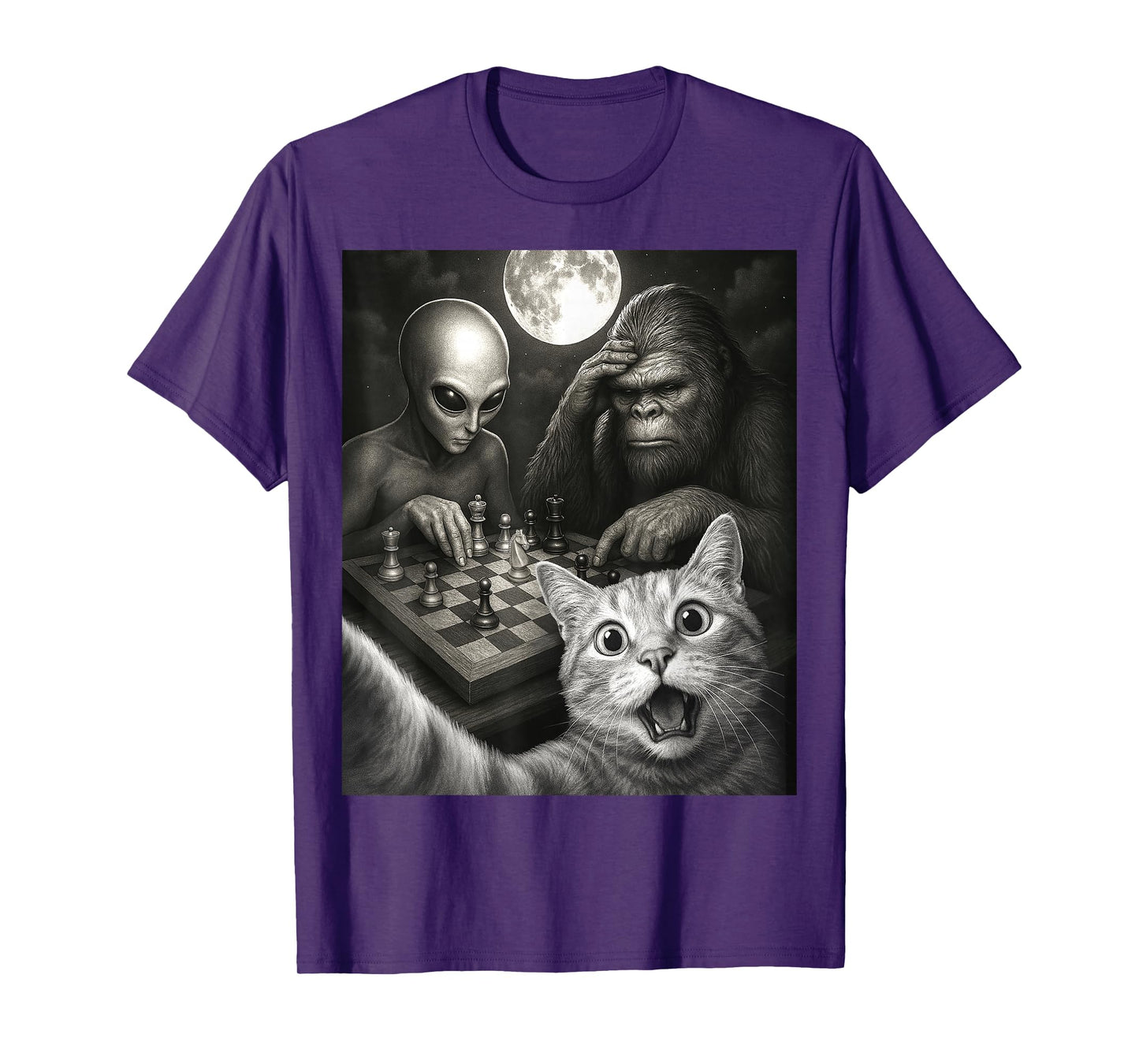 Funny Cat Selfie with a Bigfoot Playing Chess With Alien T-Shirt