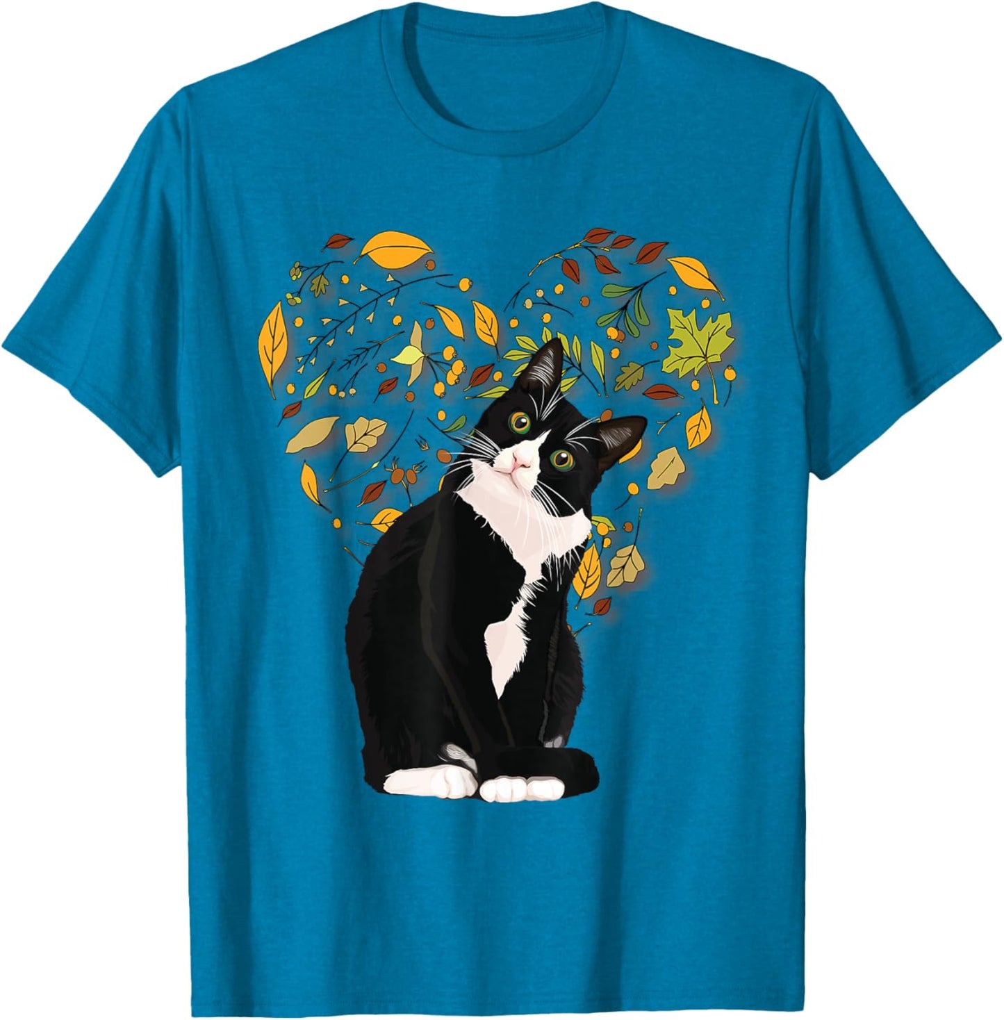 Tuxedo Cat t Shirt Gift Autumn Fall Leaves Black and White T-Shirt