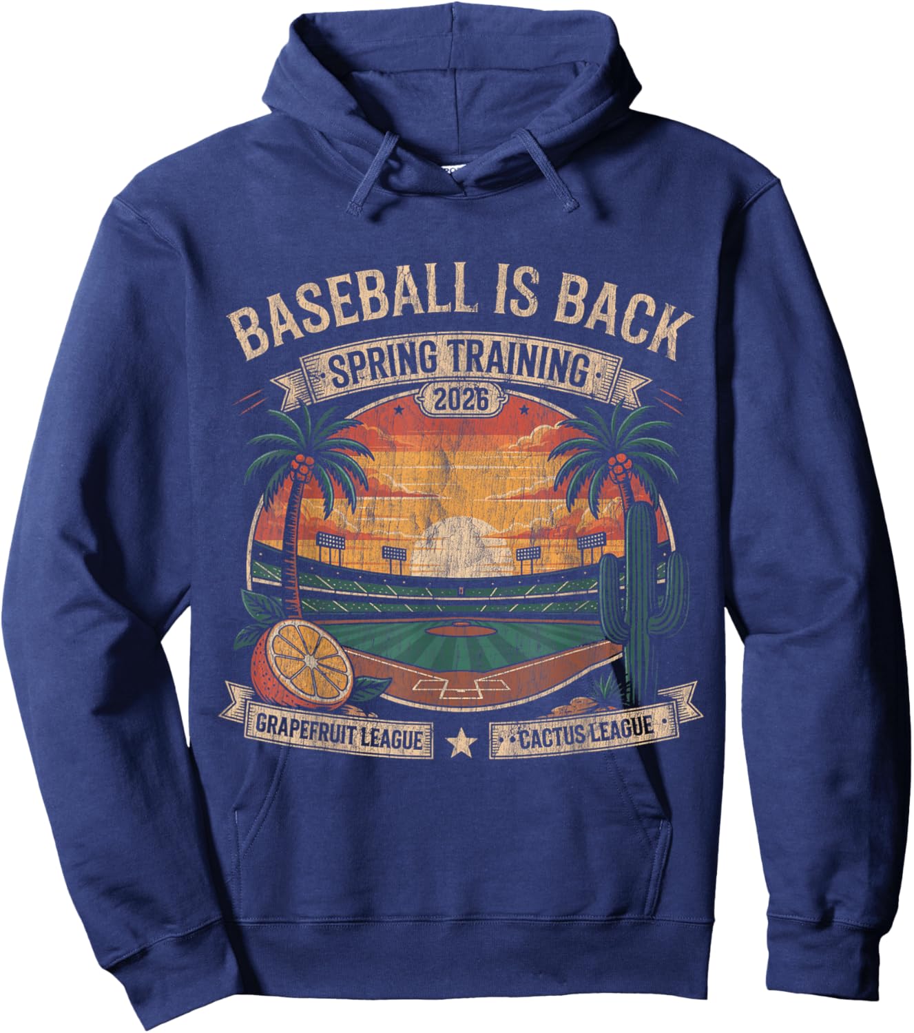 Spring Training Baseball is Back 2026 Retro Stadium Sunset T-Shirt Hoodie - Hoodie | Navy