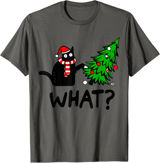 Funny Black Cat Gift Pushing Christmas Tree Over Cat What? T-Shirt