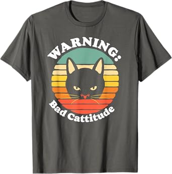 Warning Bad Cattitude Funny Annoyed Cat Sunset Retro Vintage T-Shirt